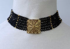 Marina J. Black Spinel & 18k Yellow Gold Plated Choker with Floral Centerpiece
