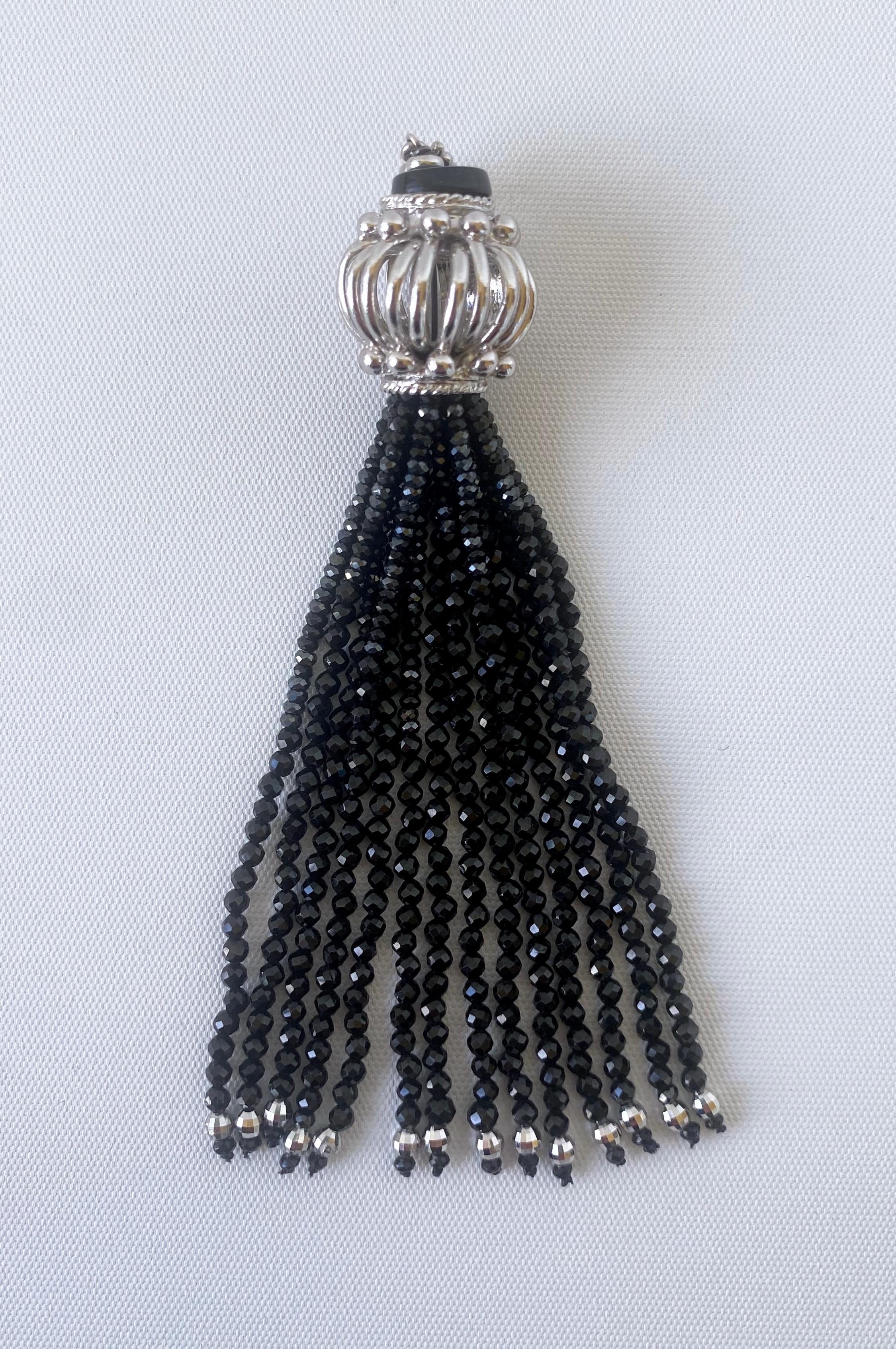 Artisan Marina J. Black Spinel and Silver Rhodium Sautoir with Removable Tassel For Sale