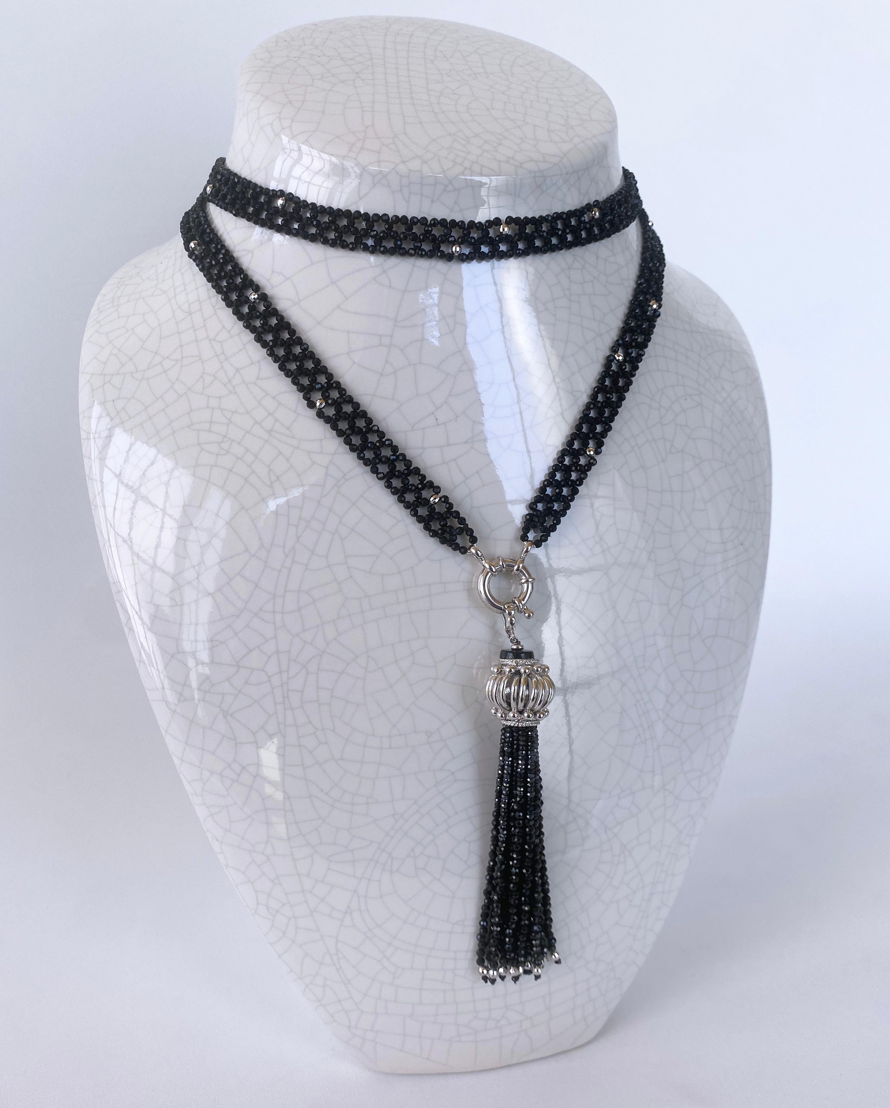 Bead Marina J. Black Spinel and Silver Rhodium Sautoir with Removable Tassel For Sale