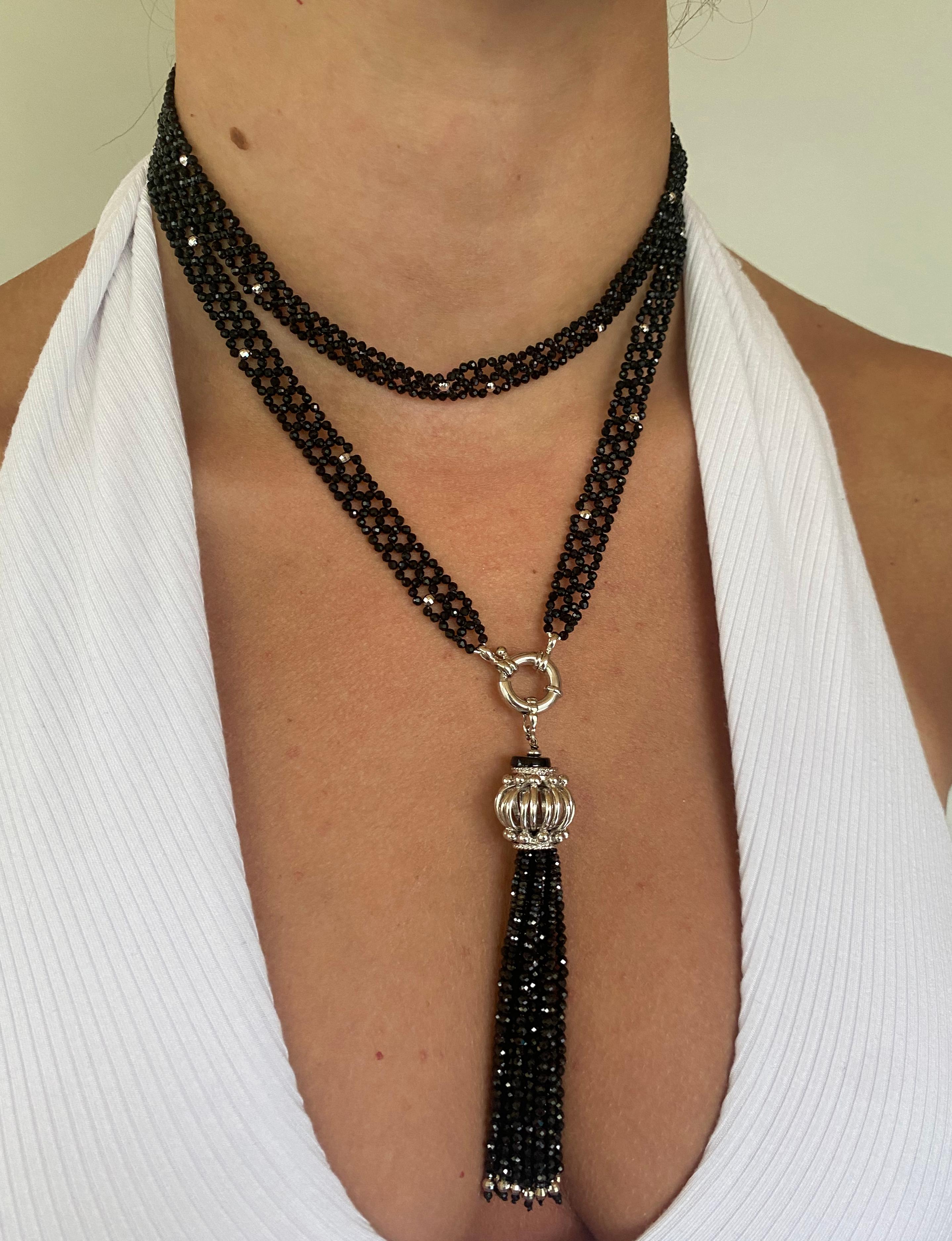 Women's or Men's Marina J. Black Spinel and Silver Rhodium Sautoir with Removable Tassel For Sale