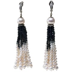 Marina J Black Spinel and White Pearl Tassel Earrings with 14k White Gold