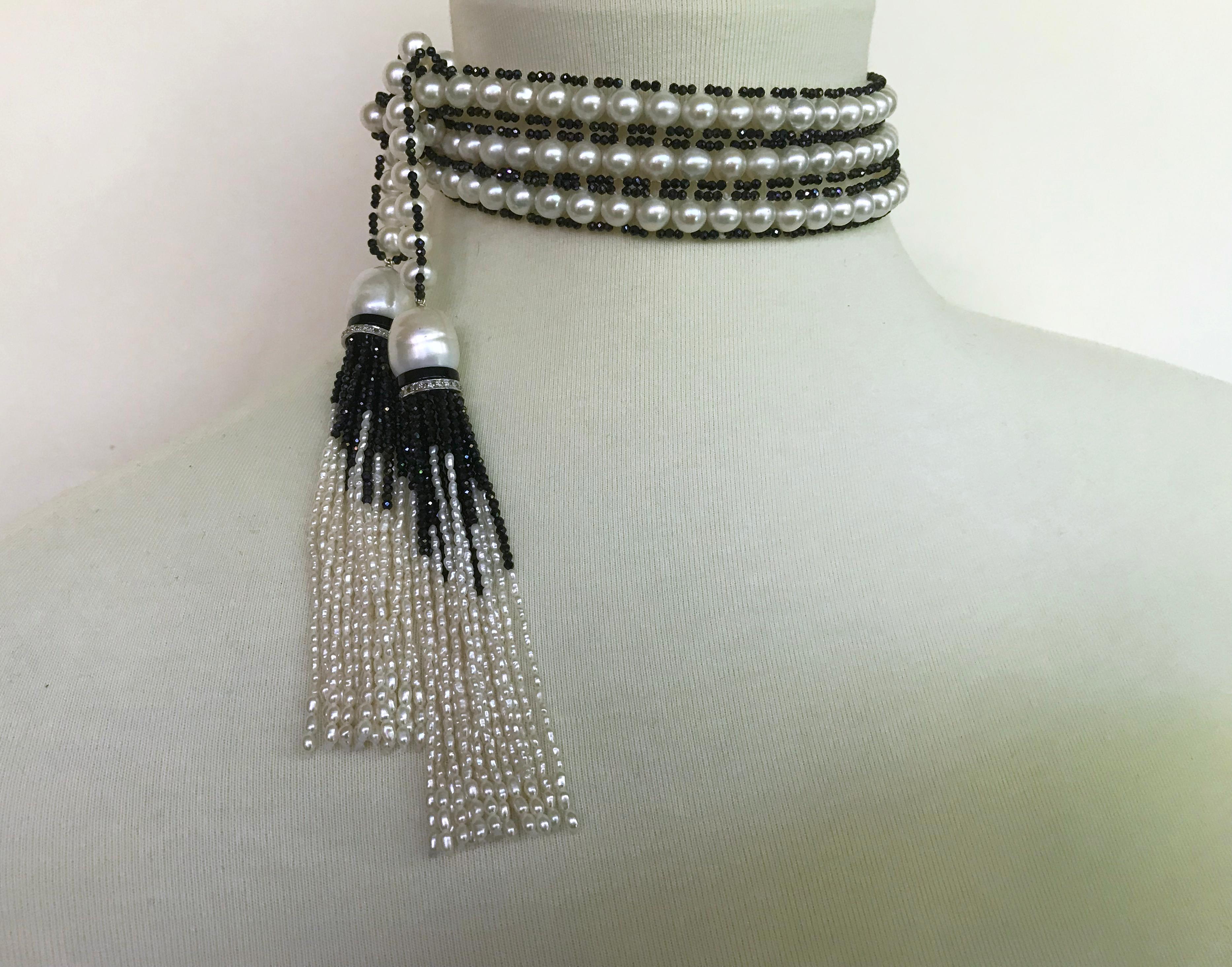Artist Marina J. Woven Pearl Sautoir with Black Spinel and  Diamond encrusted Roundels