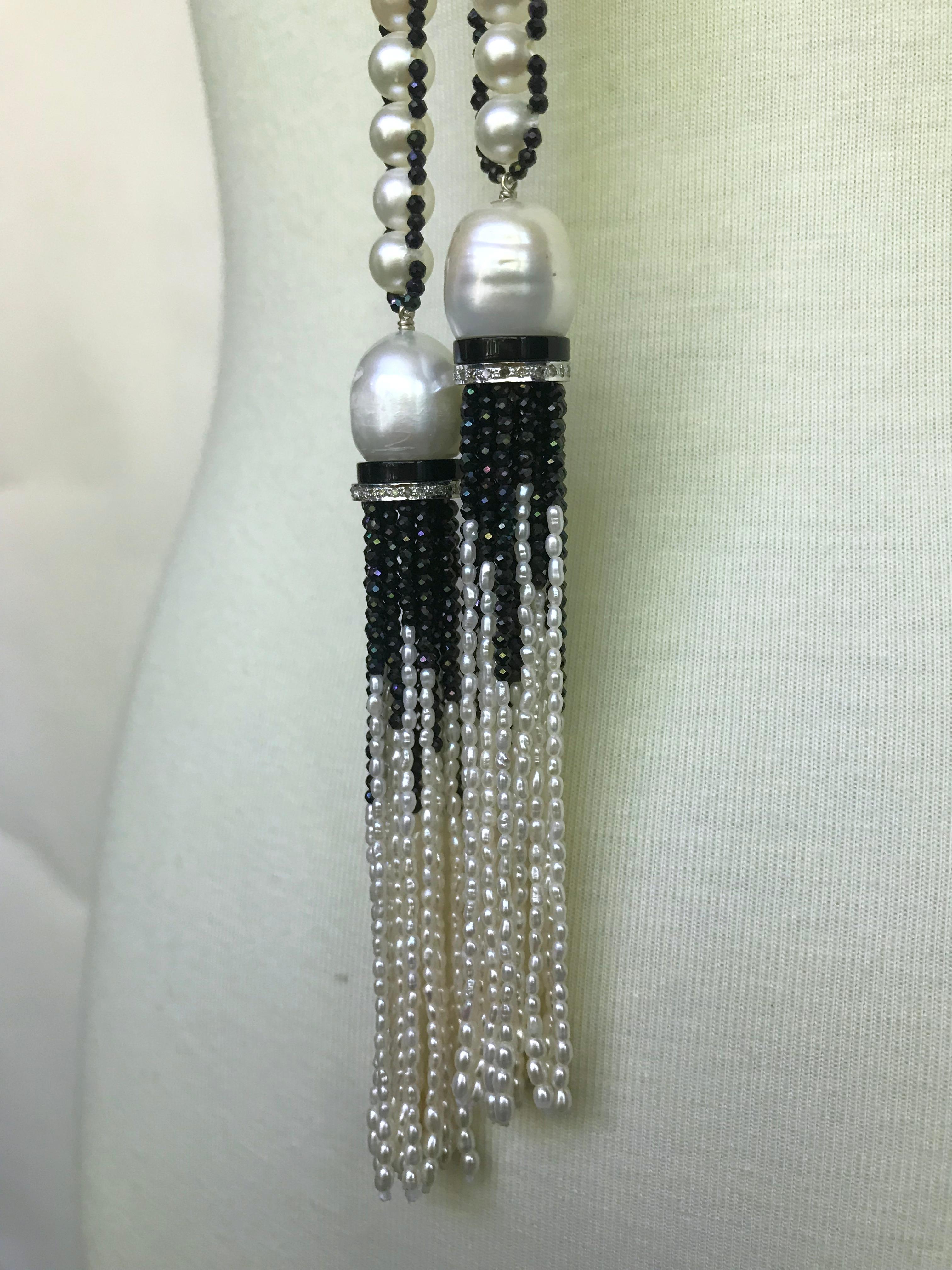 Bead Marina J. Woven Pearl Sautoir with Black Spinel and  Diamond encrusted Roundels