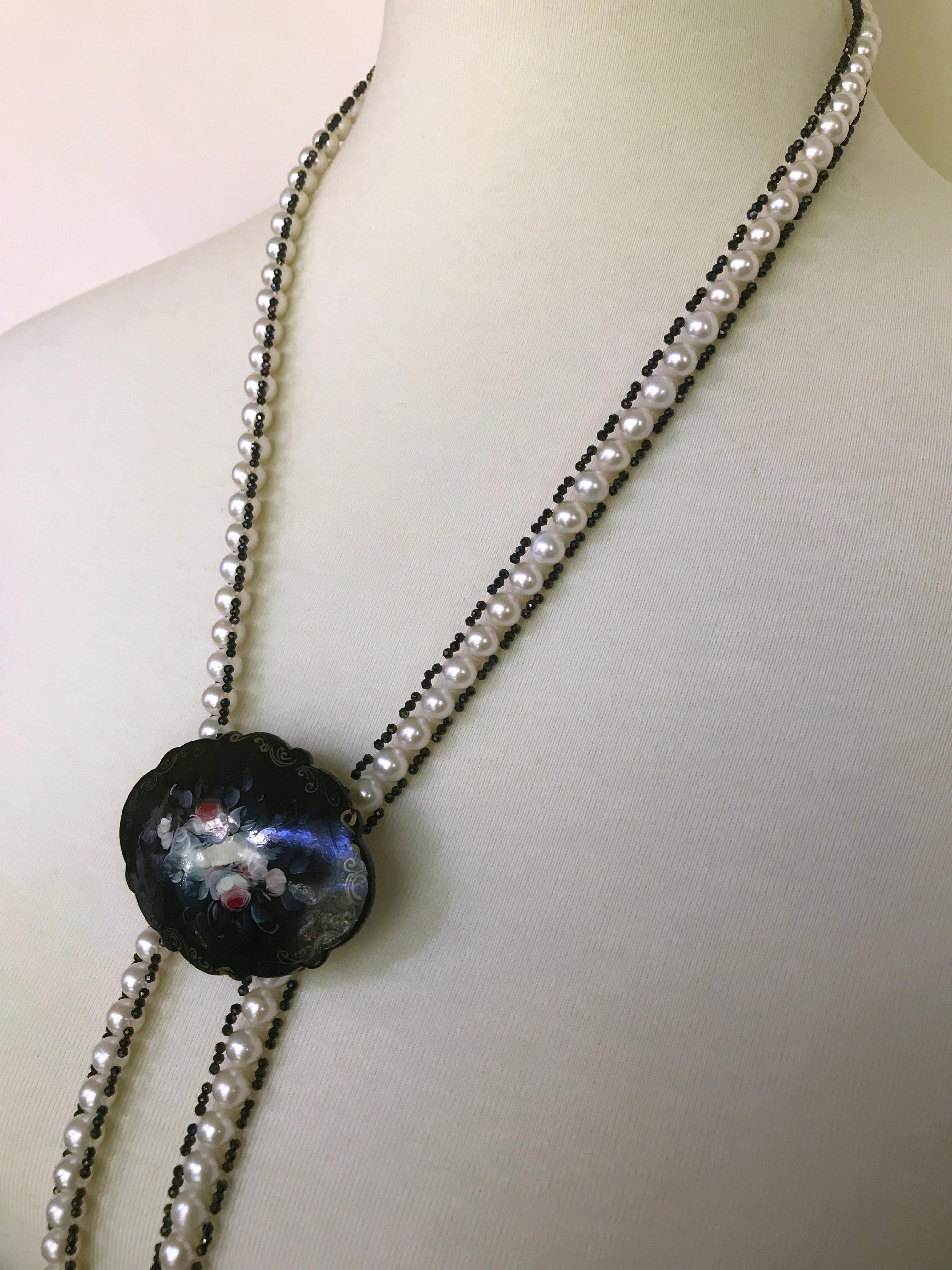 Marina J. Woven Pearl Sautoir with Black Spinel and  Diamond encrusted Roundels In New Condition In Los Angeles, CA