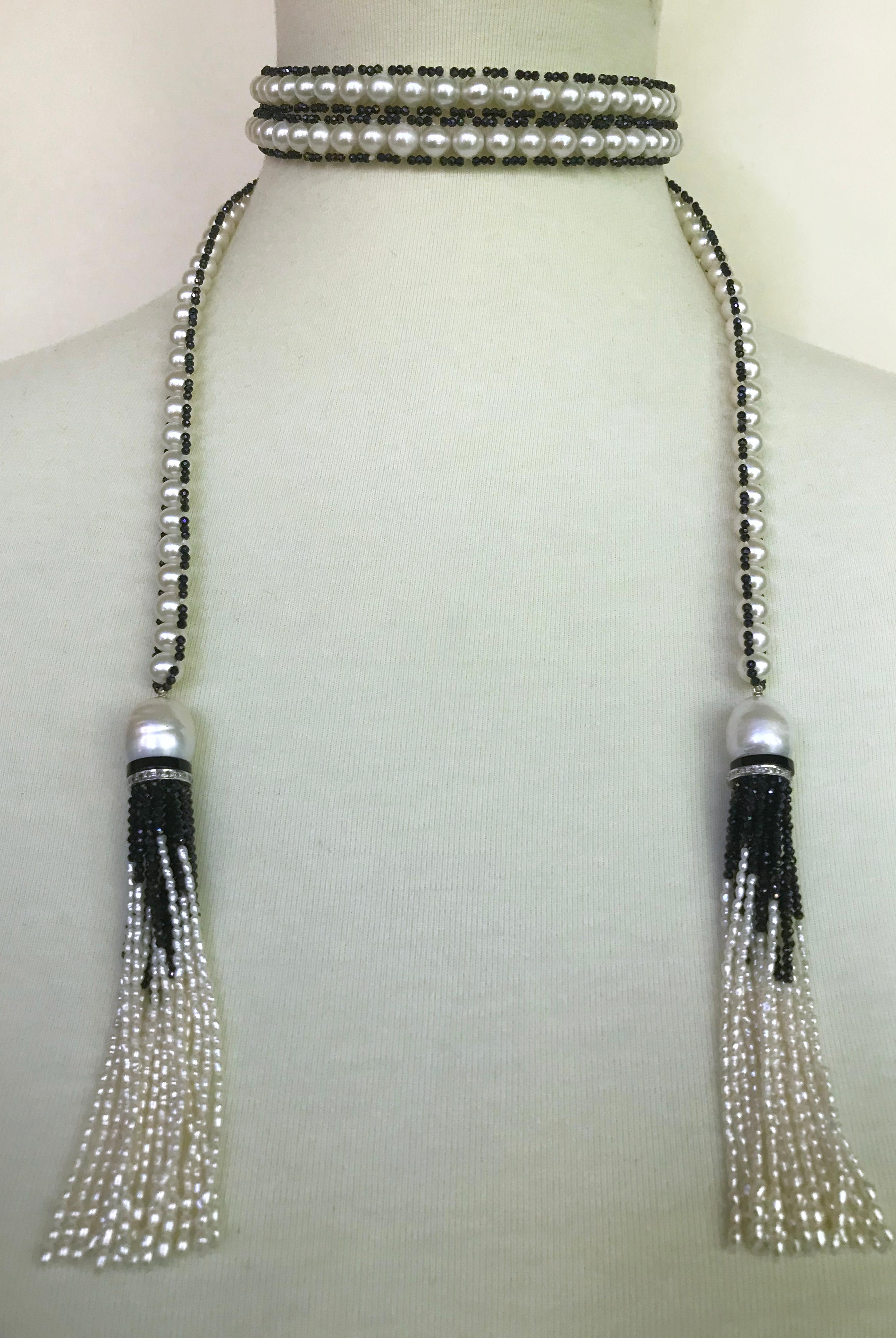 Marina J. presents a Black Spinel and Pearl woven sautoir with 14k White Gold Diamond encrusted roundel. This magnificent piece is intricately handwoven and it measures 50.5 inches in length. The pearl necklace is surrounded by the black spinel