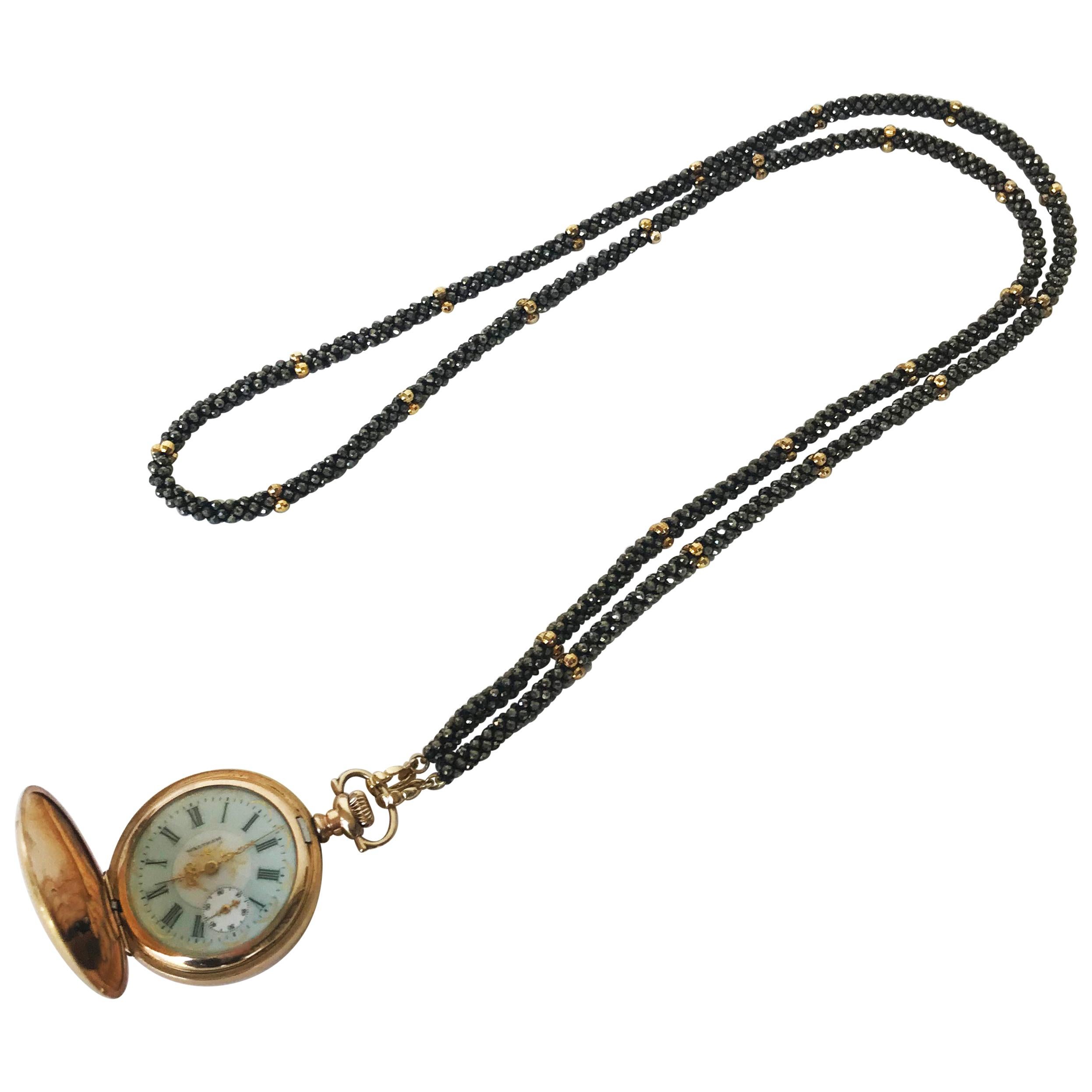 Marina J Black Spinel Woven Rope Necklace with Vintage Watch & 14K Gold Clasp