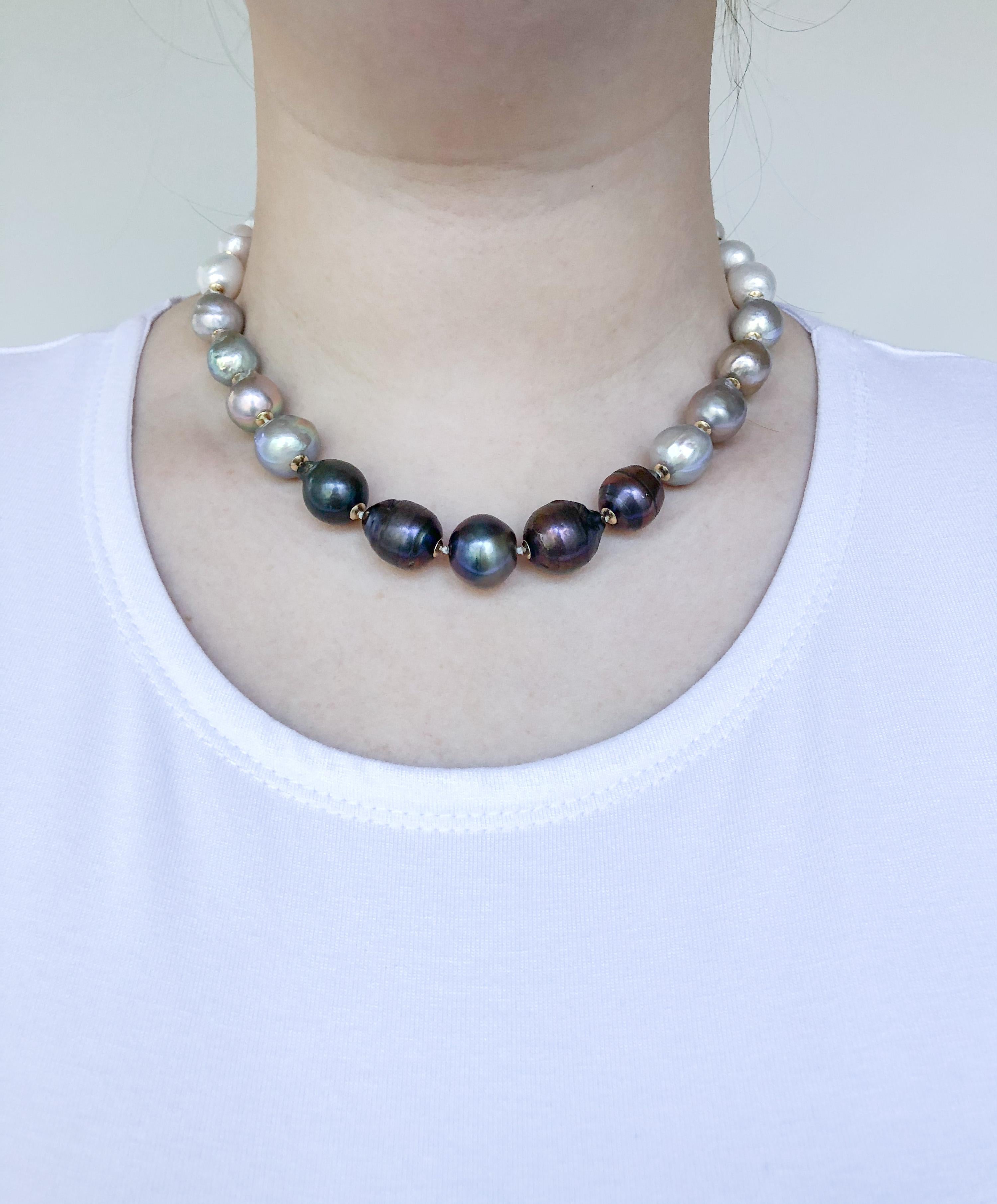 Bead Marina J. Black, White & Grey Graduated Ombre Pearl Necklace with 14K Gold Clasp For Sale