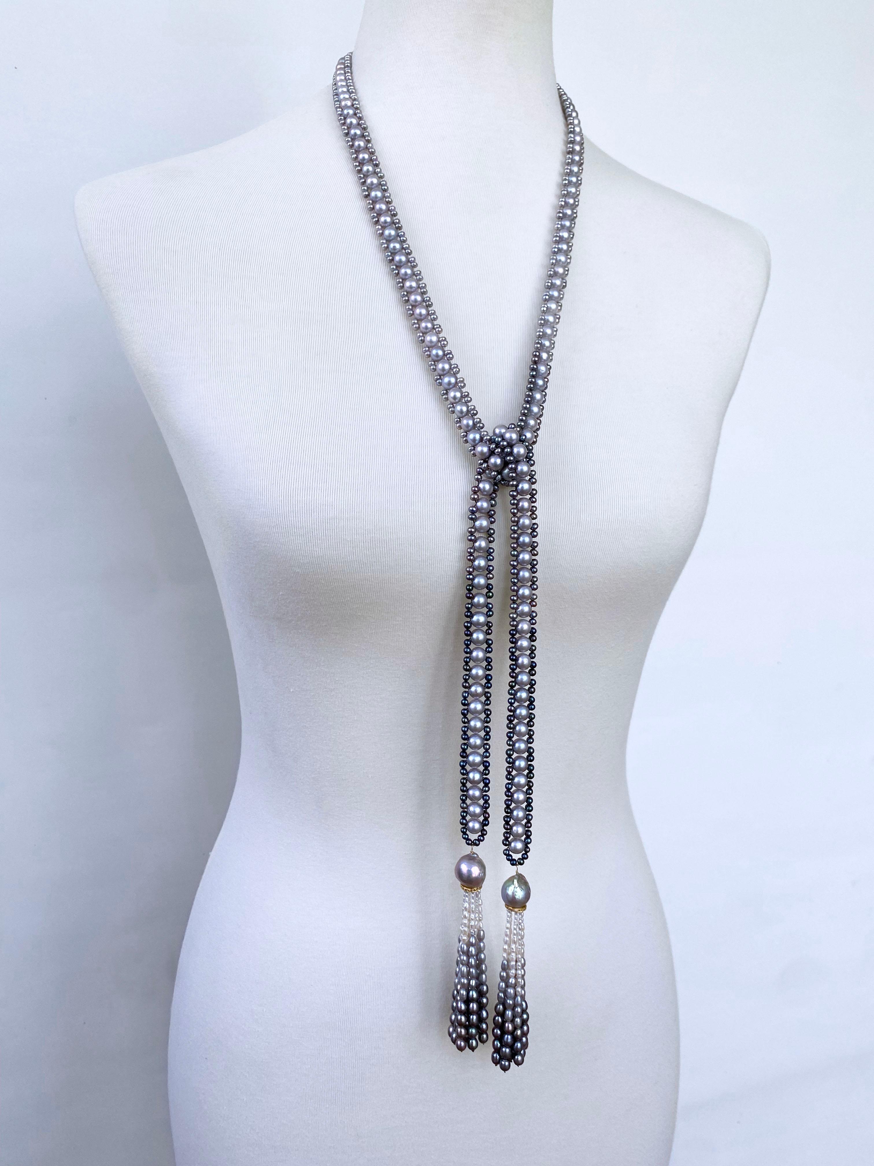 Artisan Marina J. Black, White & Grey Ombre Pearl Sautoir with Diamond Encrusted Tassels For Sale