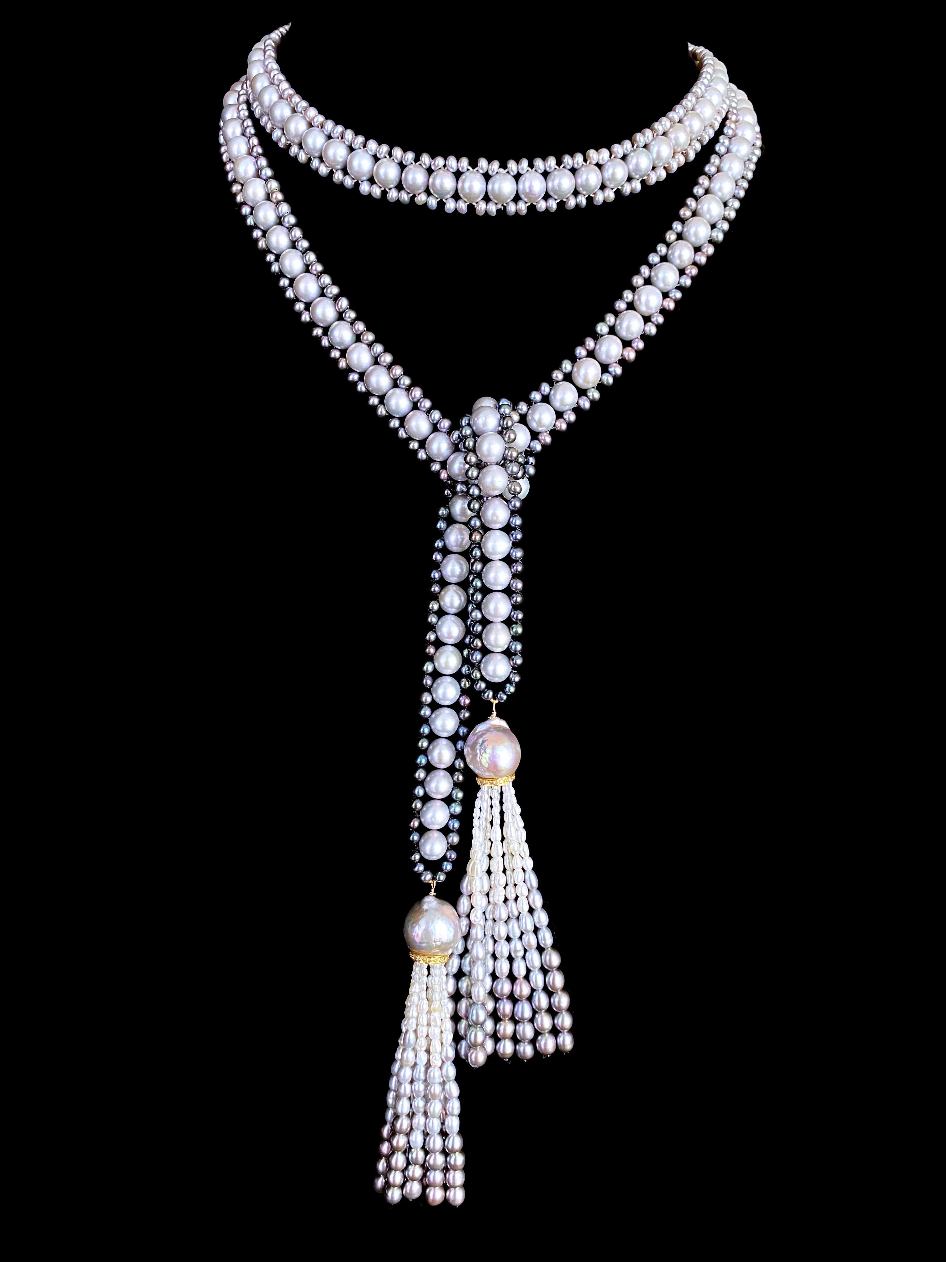 Women's Marina J. Black, White & Grey Ombre Pearl Sautoir with Diamond Encrusted Tassels For Sale