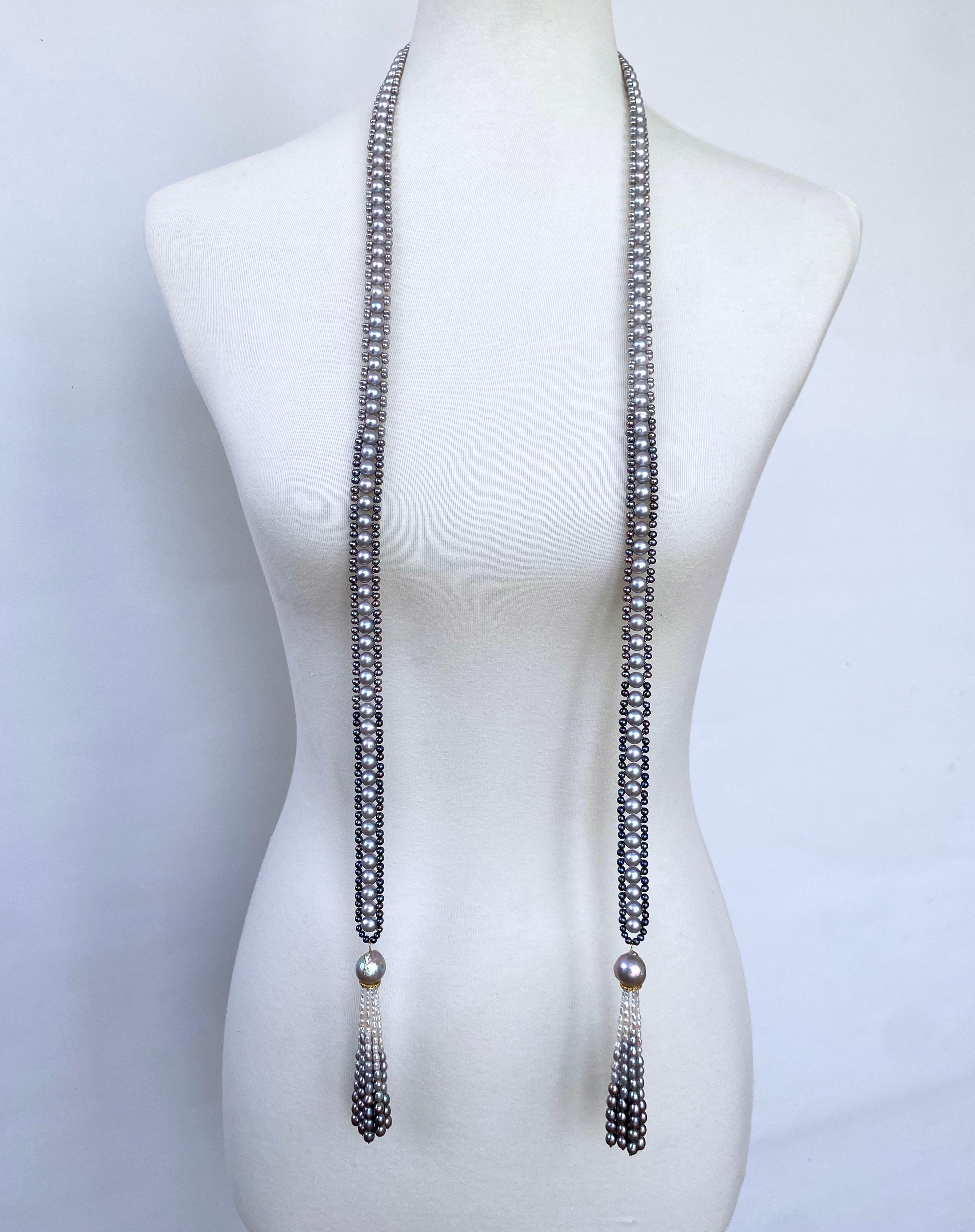 Marina J. Sautoir à perles dégradées noires, blanches et grises avec pompons incrustés de diamants en vente 2