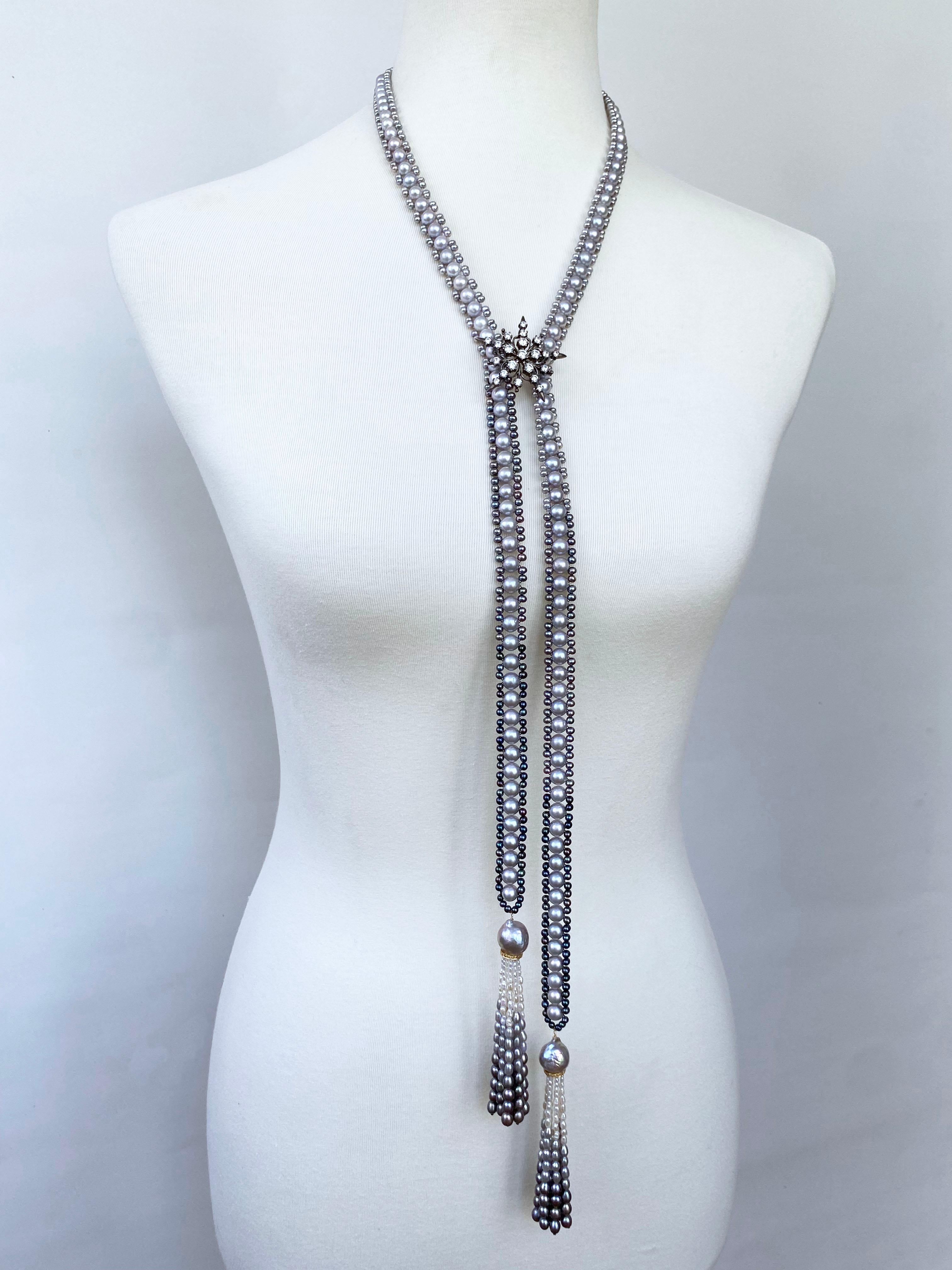 Marina J. Sautoir à perles dégradées noires, blanches et grises avec pompons incrustés de diamants en vente 3