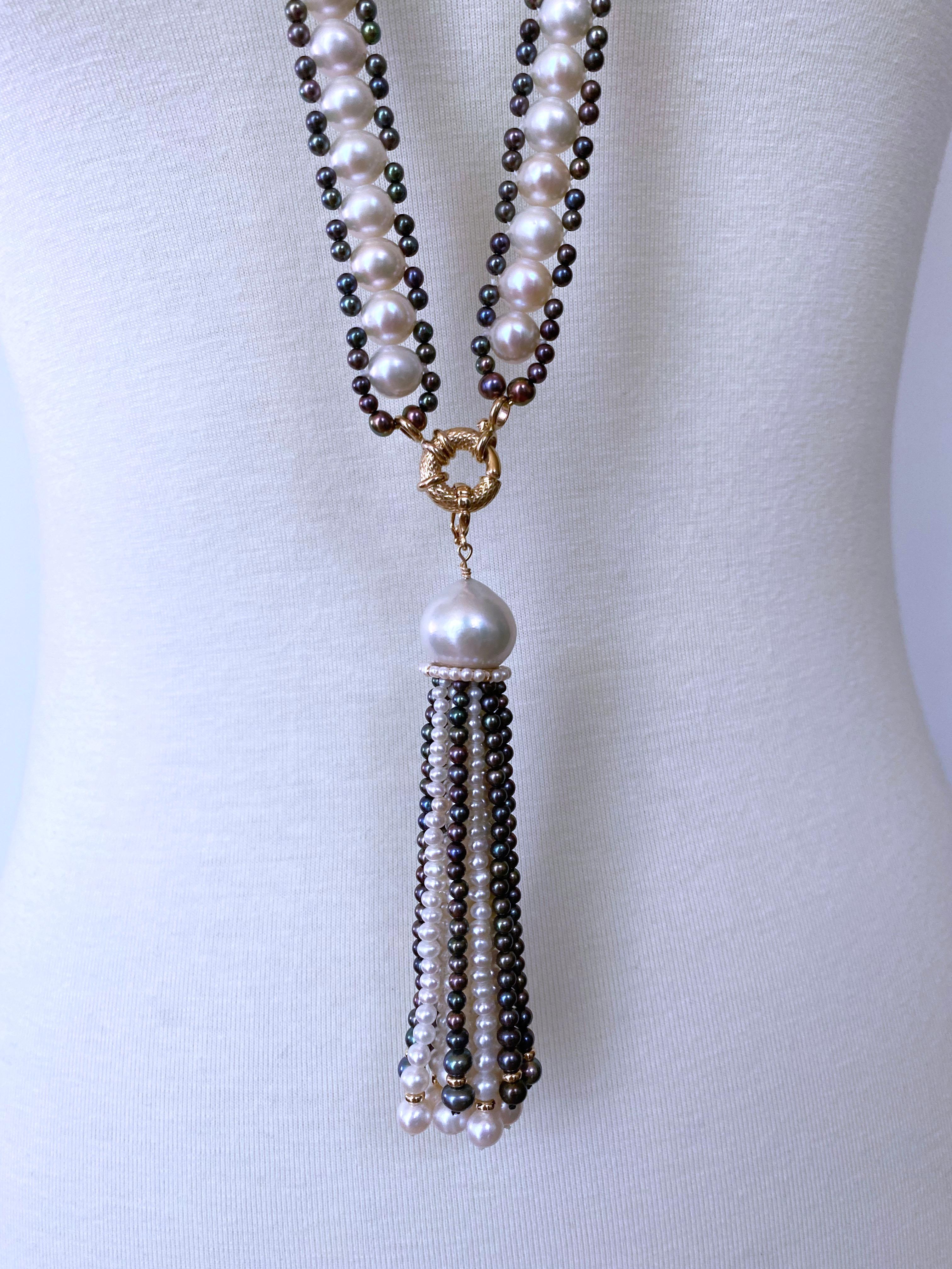 Marina J. Lariat / Sautoir di perle bianche e nere con nappina rimovibile e oro 14k in vendita 4