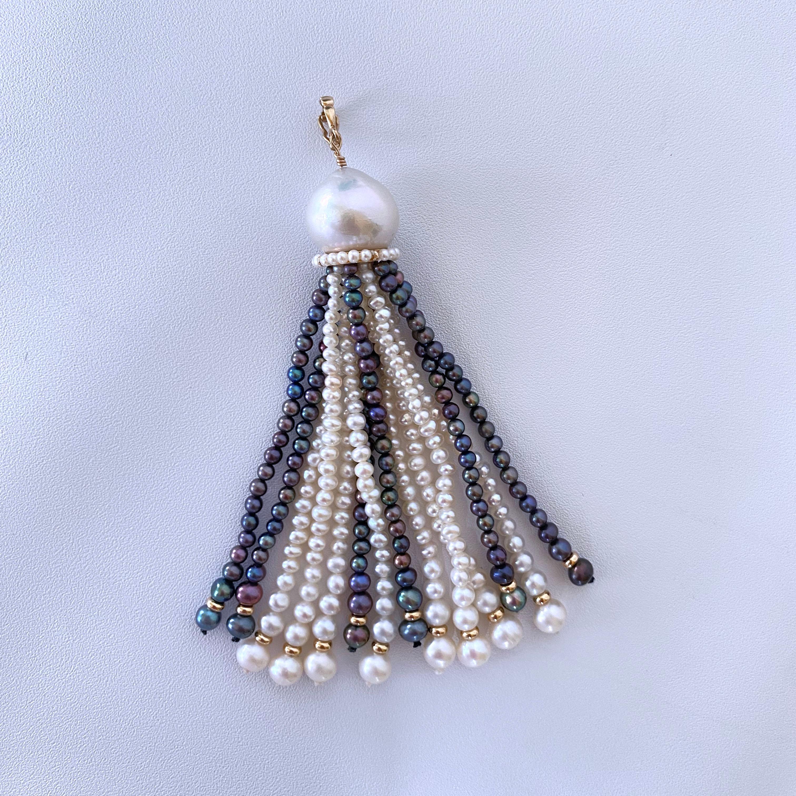 Marina J. Lariat / Sautoir di perle bianche e nere con nappina rimovibile e oro 14k in vendita 5