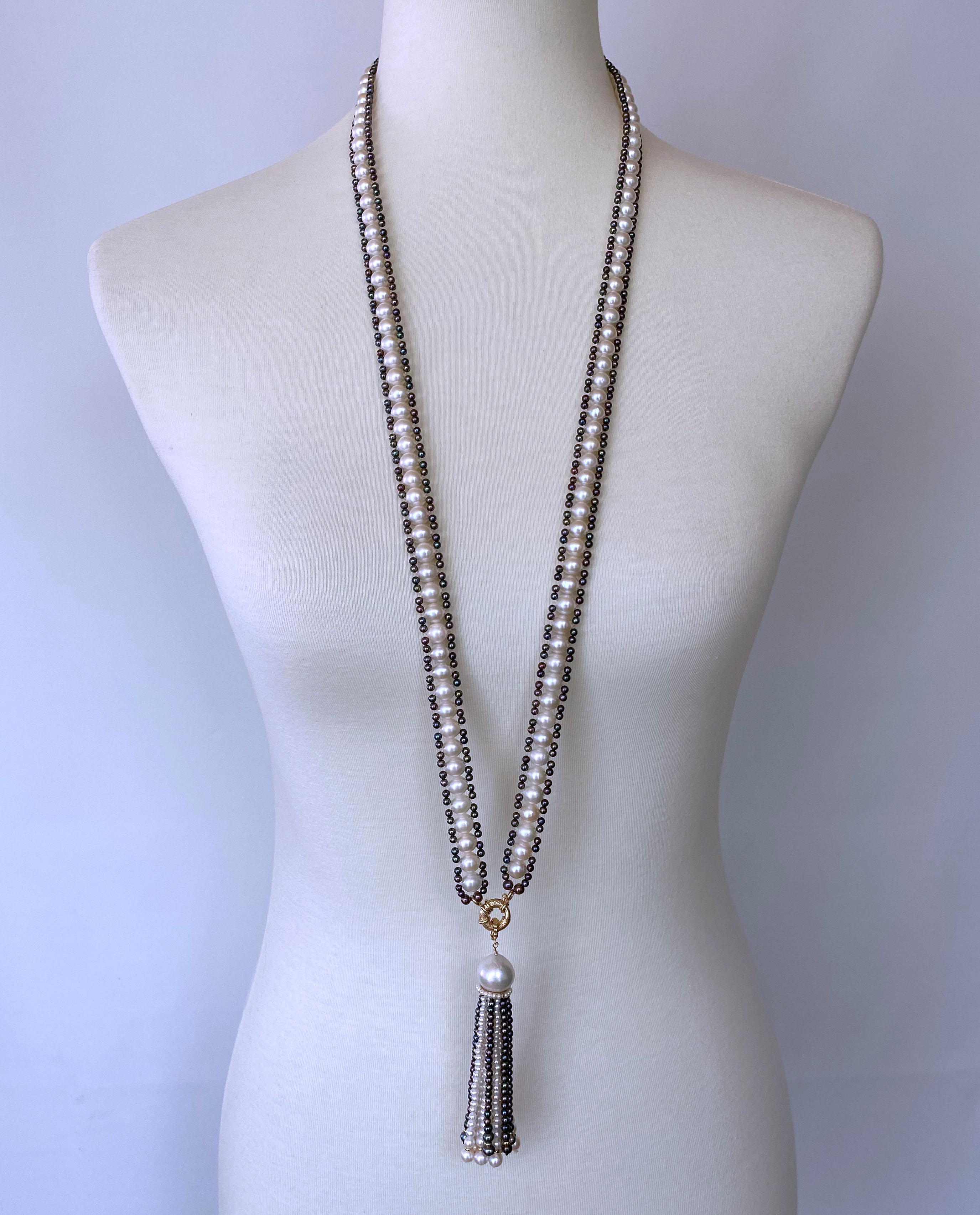 Artigiano Marina J. Lariat / Sautoir di perle bianche e nere con nappina rimovibile e oro 14k in vendita