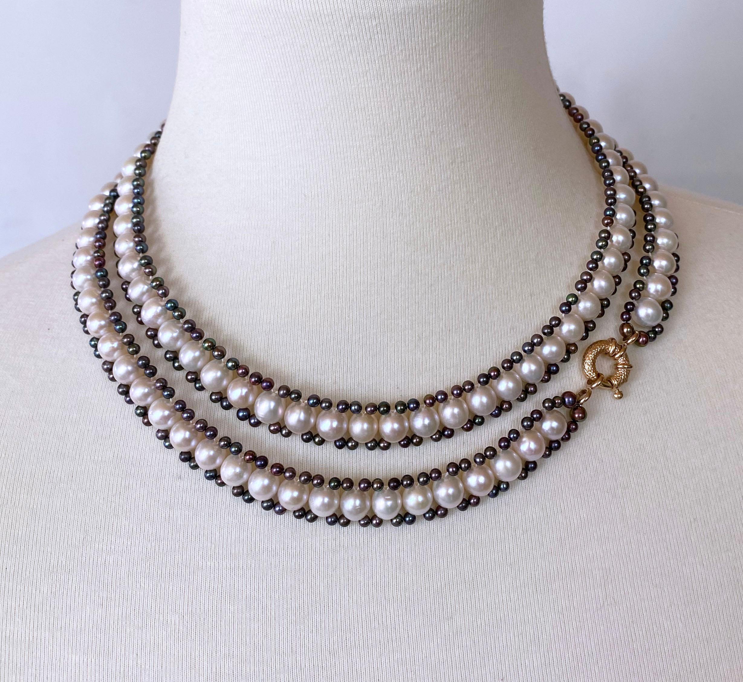 Perlina Marina J. Lariat / Sautoir di perle bianche e nere con nappina rimovibile e oro 14k in vendita