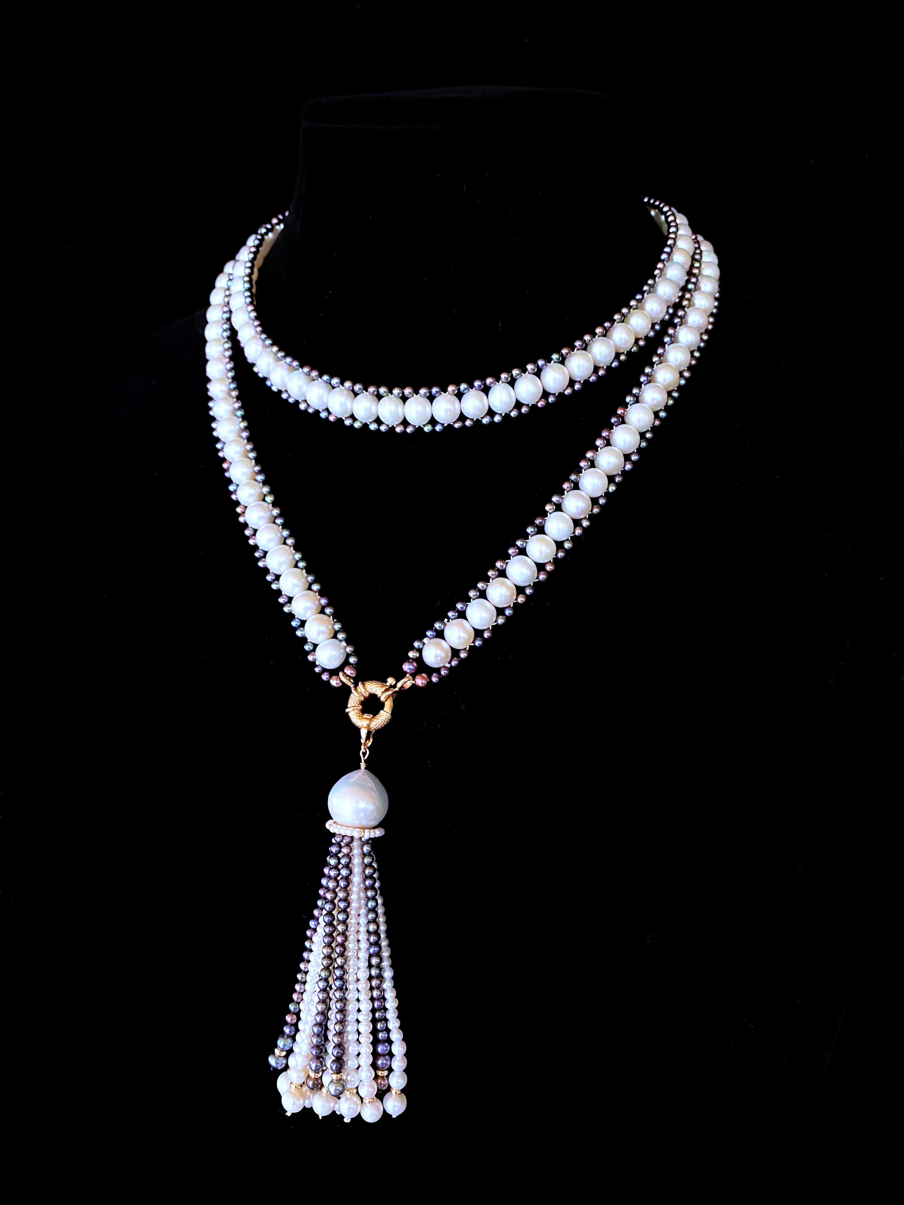 Marina J. Lariat / Sautoir di perle bianche e nere con nappina rimovibile e oro 14k in vendita 1