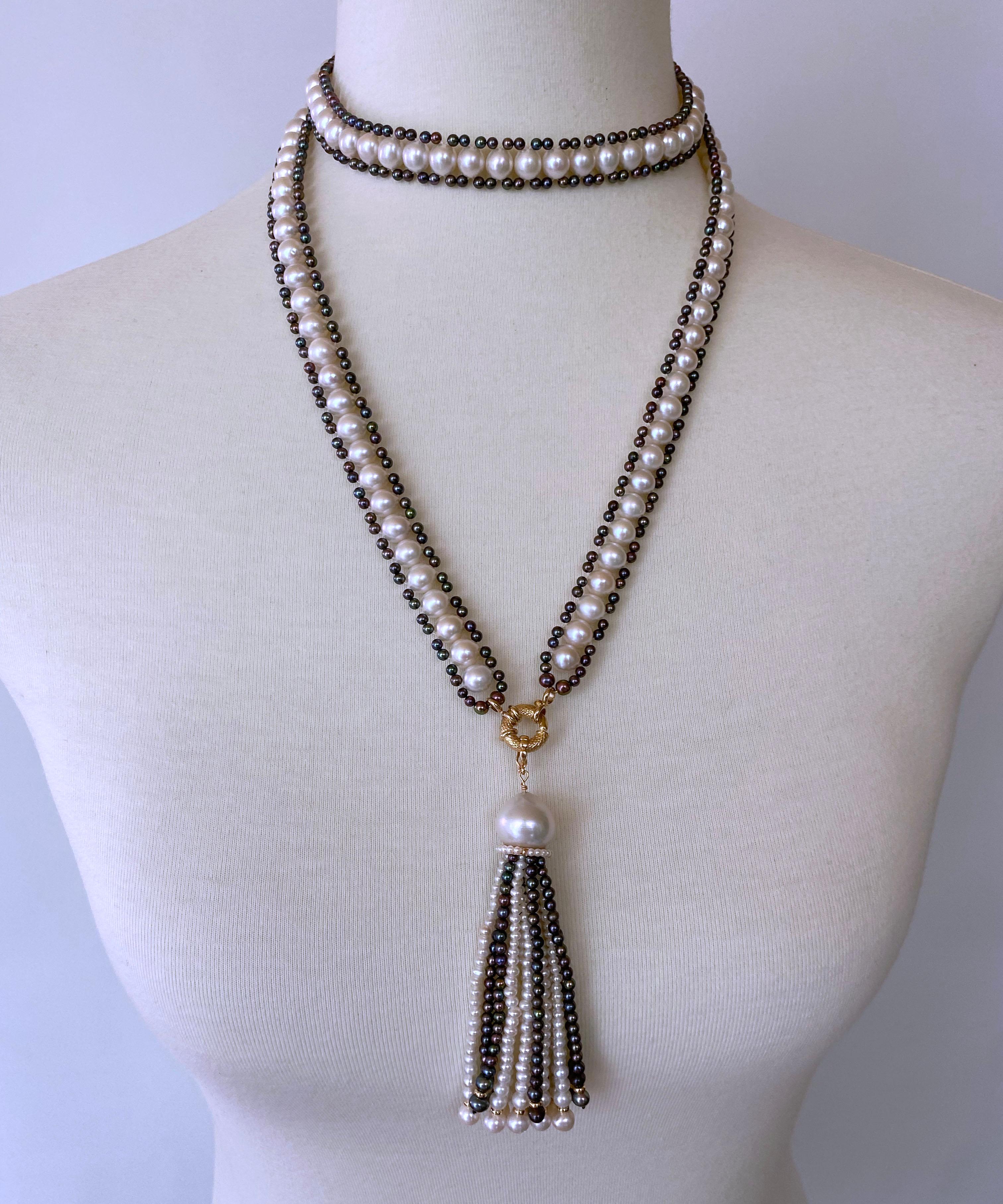 Marina J. Lariat / Sautoir di perle bianche e nere con nappina rimovibile e oro 14k in vendita 2