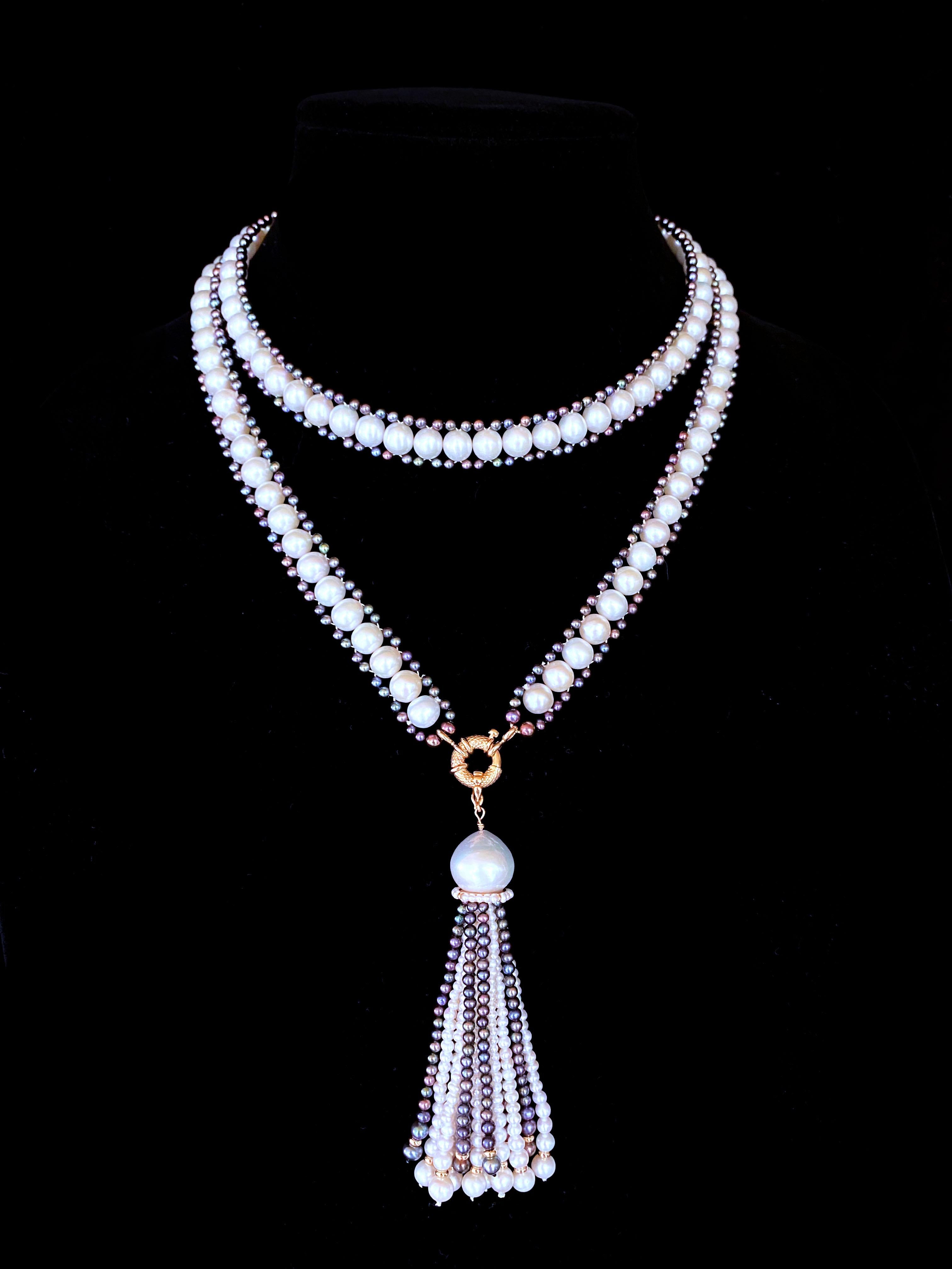 Marina J. Lariat / Sautoir di perle bianche e nere con nappina rimovibile e oro 14k in vendita 3