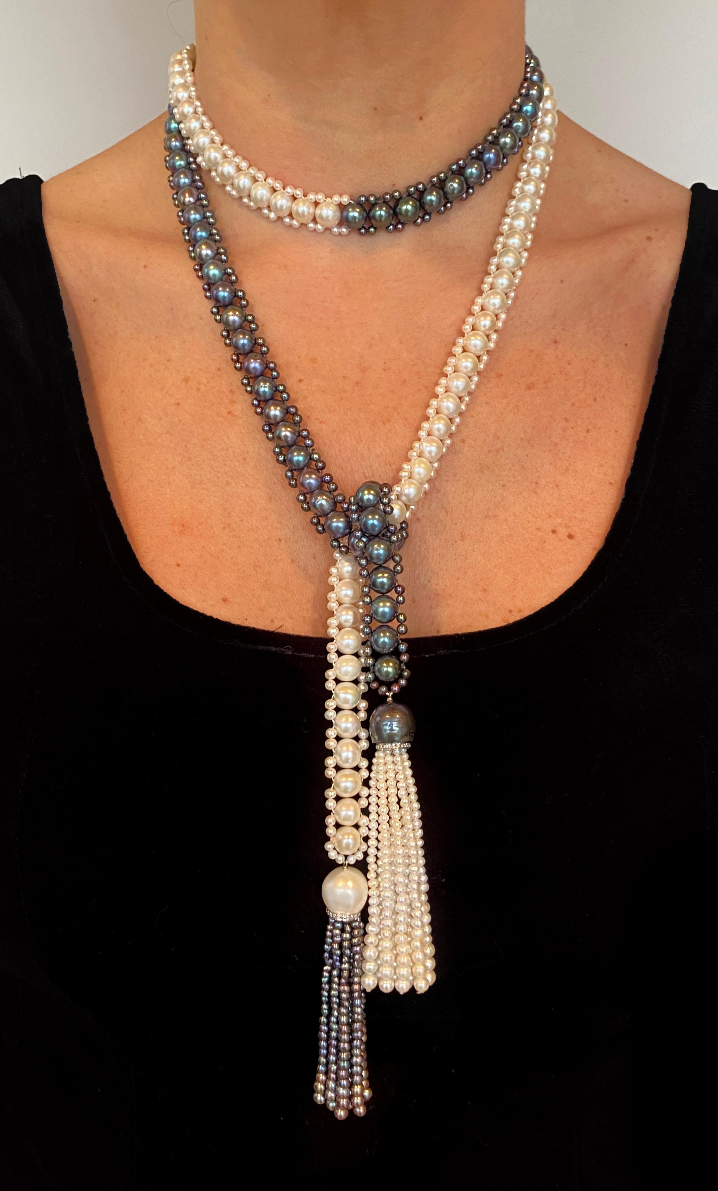 Marina J. Sautoir/Lariat en perles noires et blanches avec diamants et or blanc 14 carats en vente 4