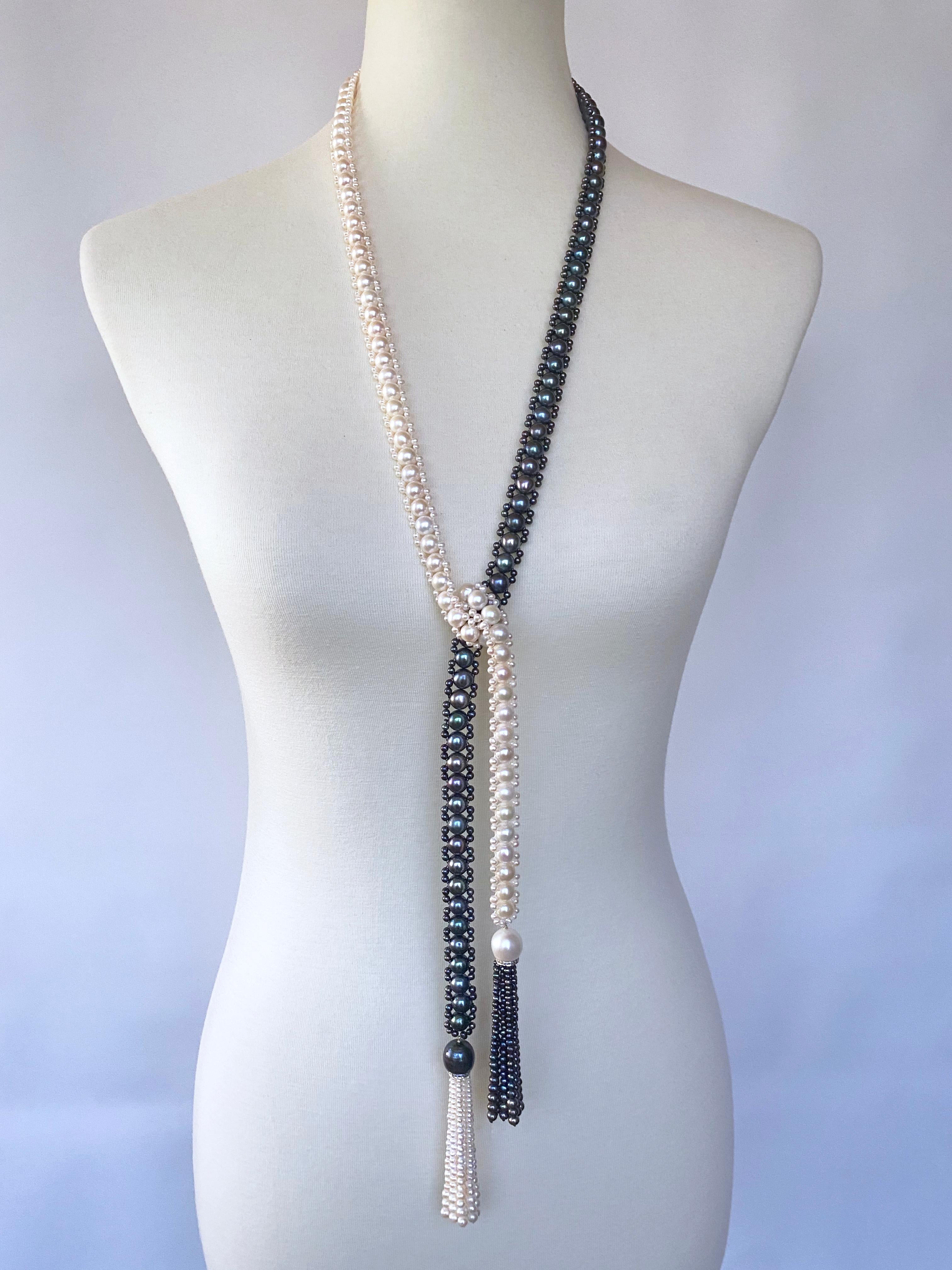 Marina J. Sautoir/Lariat en perles noires et blanches avec diamants et or blanc 14 carats en vente 5