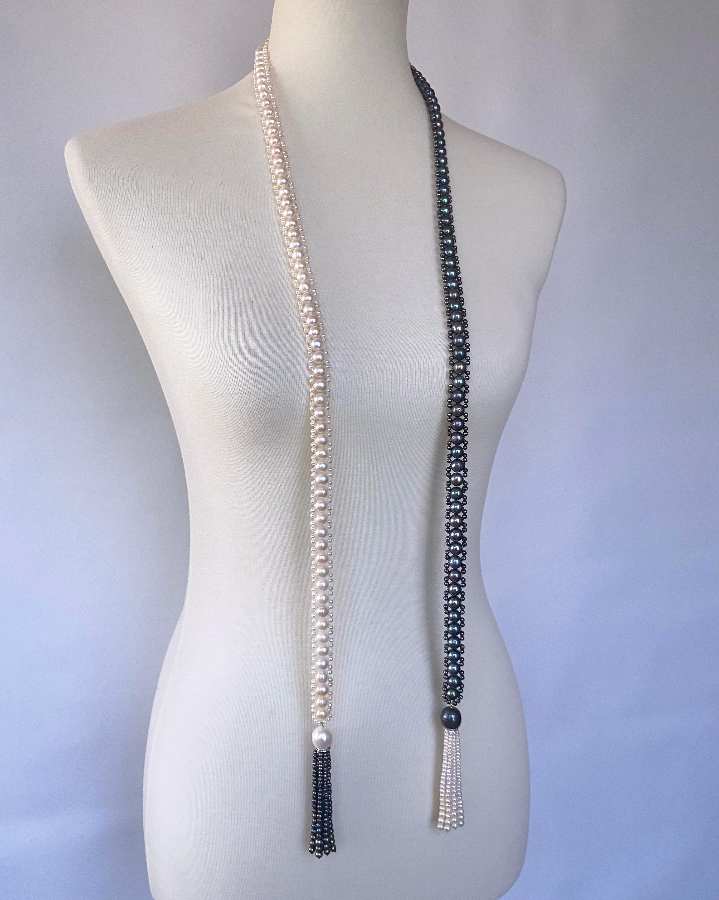 Marina J. Sautoir/Lariat en perles noires et blanches avec diamants et or blanc 14 carats en vente 6