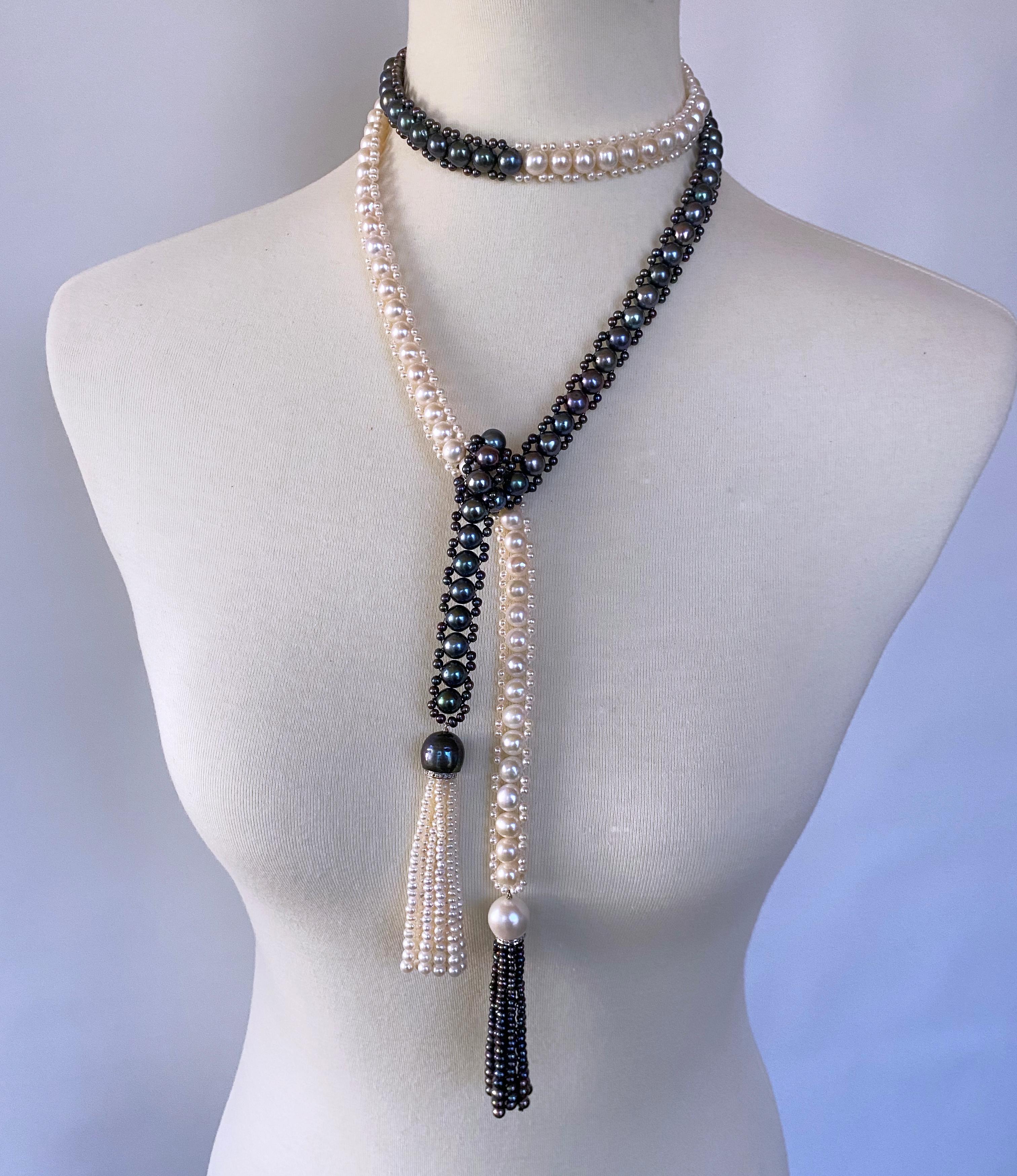 Marina J. Sautoir/Lariat en perles noires et blanches avec diamants et or blanc 14 carats en vente 7