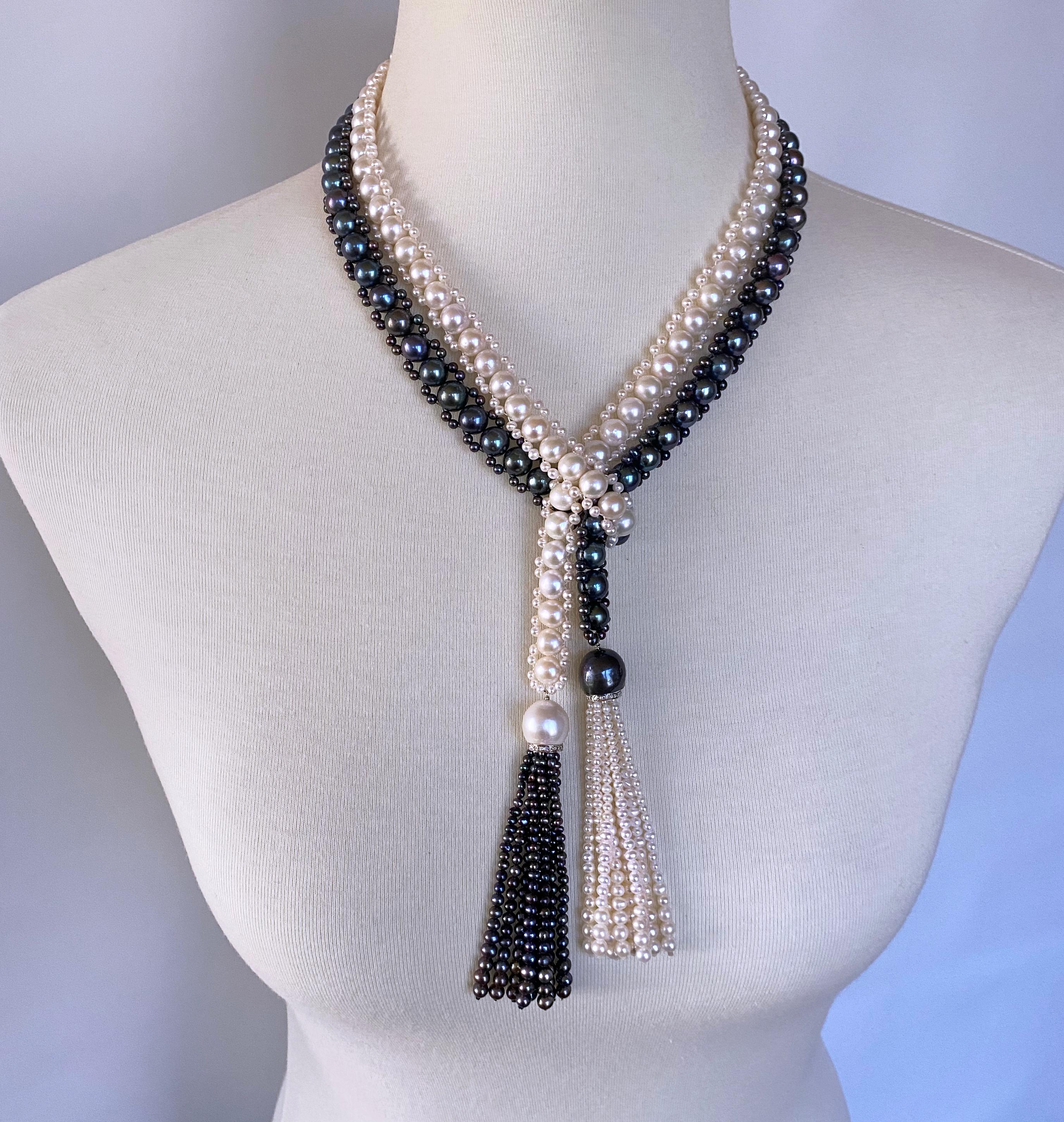 Marina J. Sautoir/Lariat en perles noires et blanches avec diamants et or blanc 14 carats en vente 9