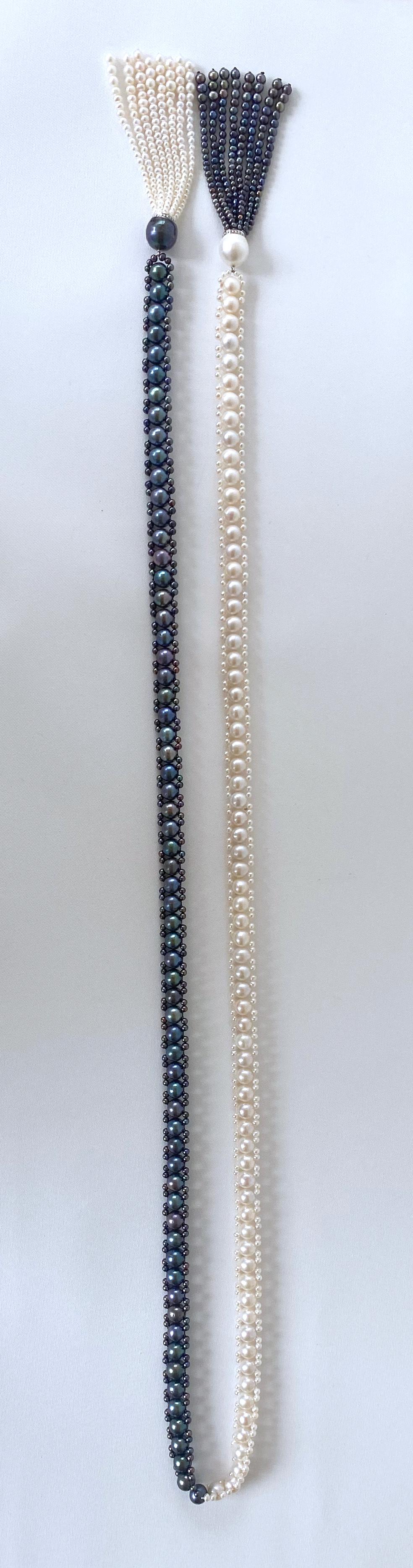 Marina J. Sautoir/Lariat en perles noires et blanches avec diamants et or blanc 14 carats en vente 10