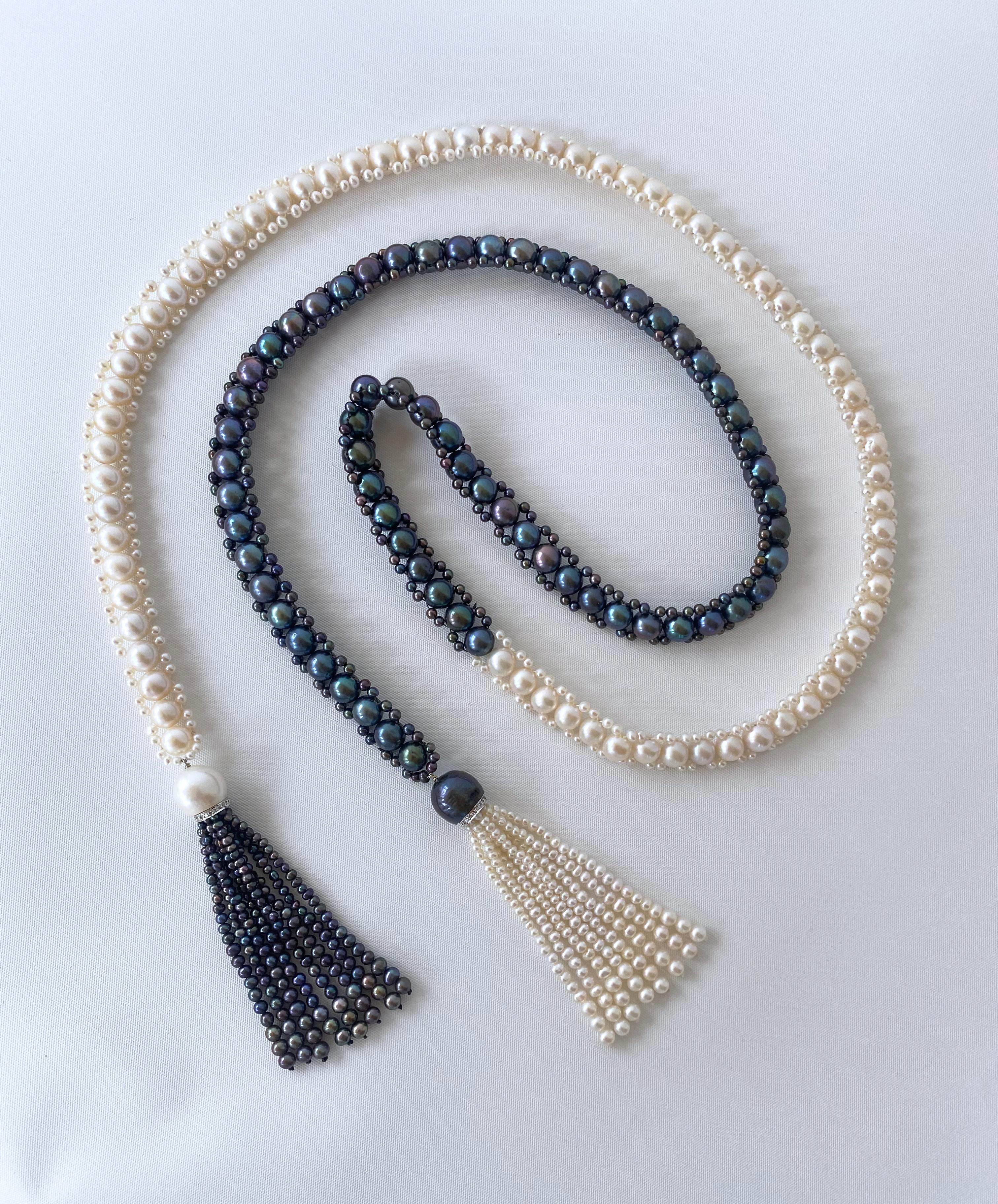 Marina J. Sautoir/Lariat en perles noires et blanches avec diamants et or blanc 14 carats en vente 11