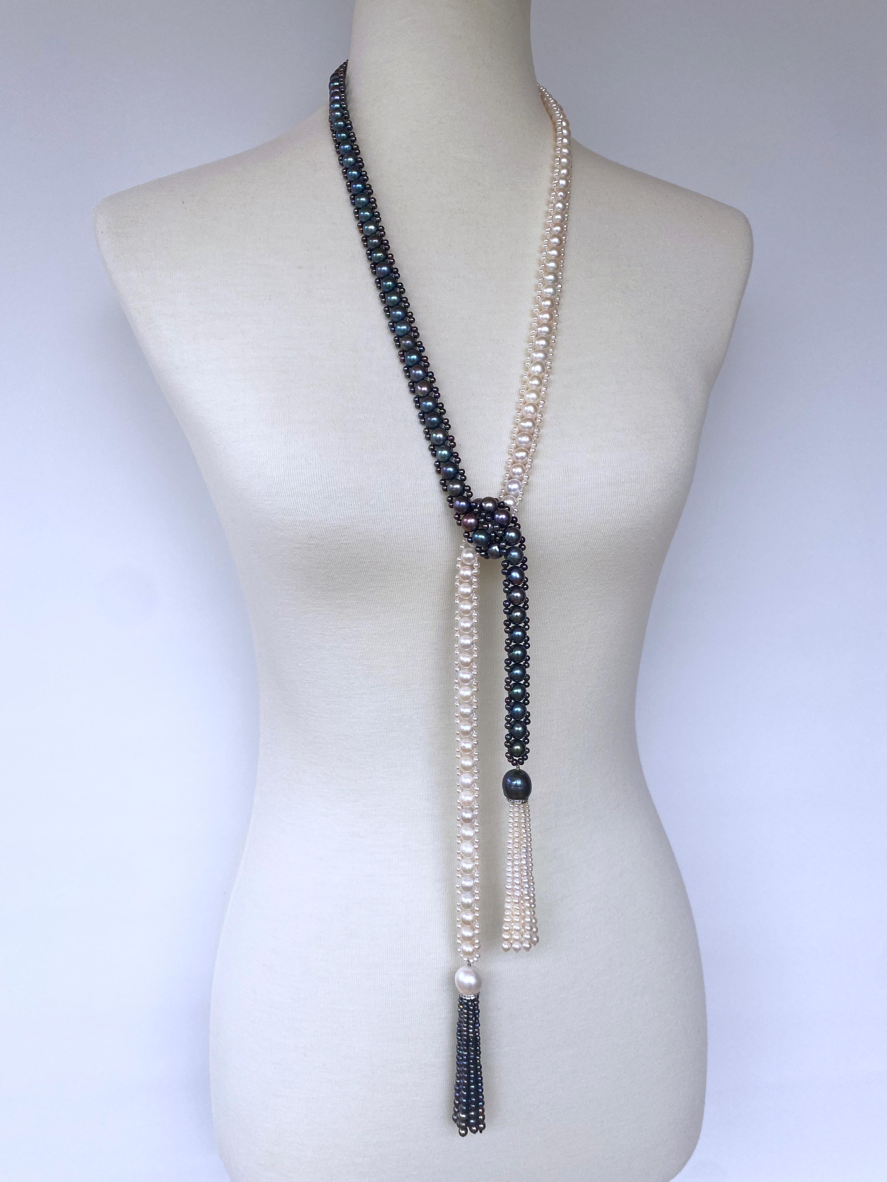 Marina J. Sautoir/Lariat en perles noires et blanches avec diamants et or blanc 14 carats en vente 12
