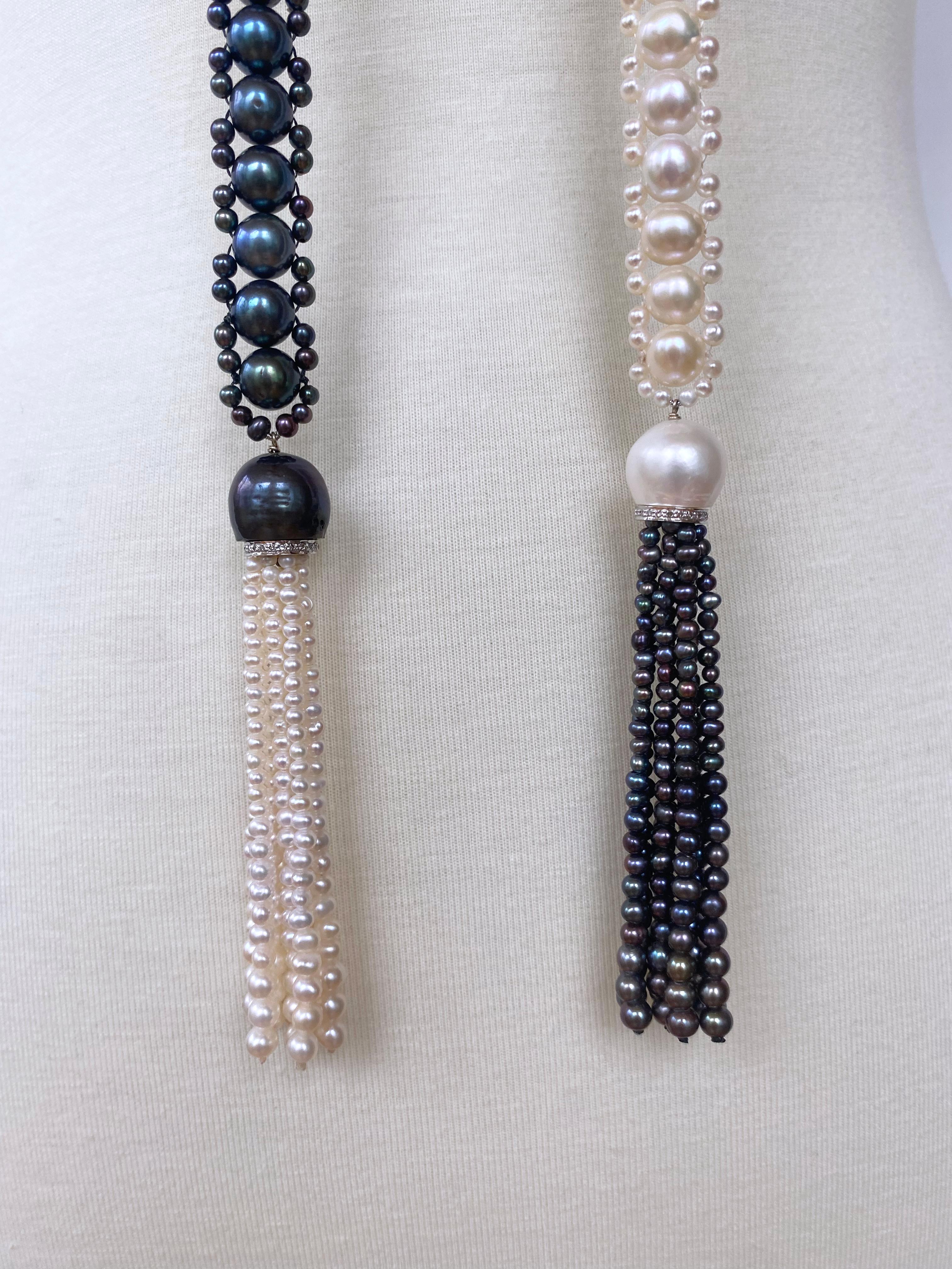 Marina J. Sautoir/Lariat en perles noires et blanches avec diamants et or blanc 14 carats en vente 13