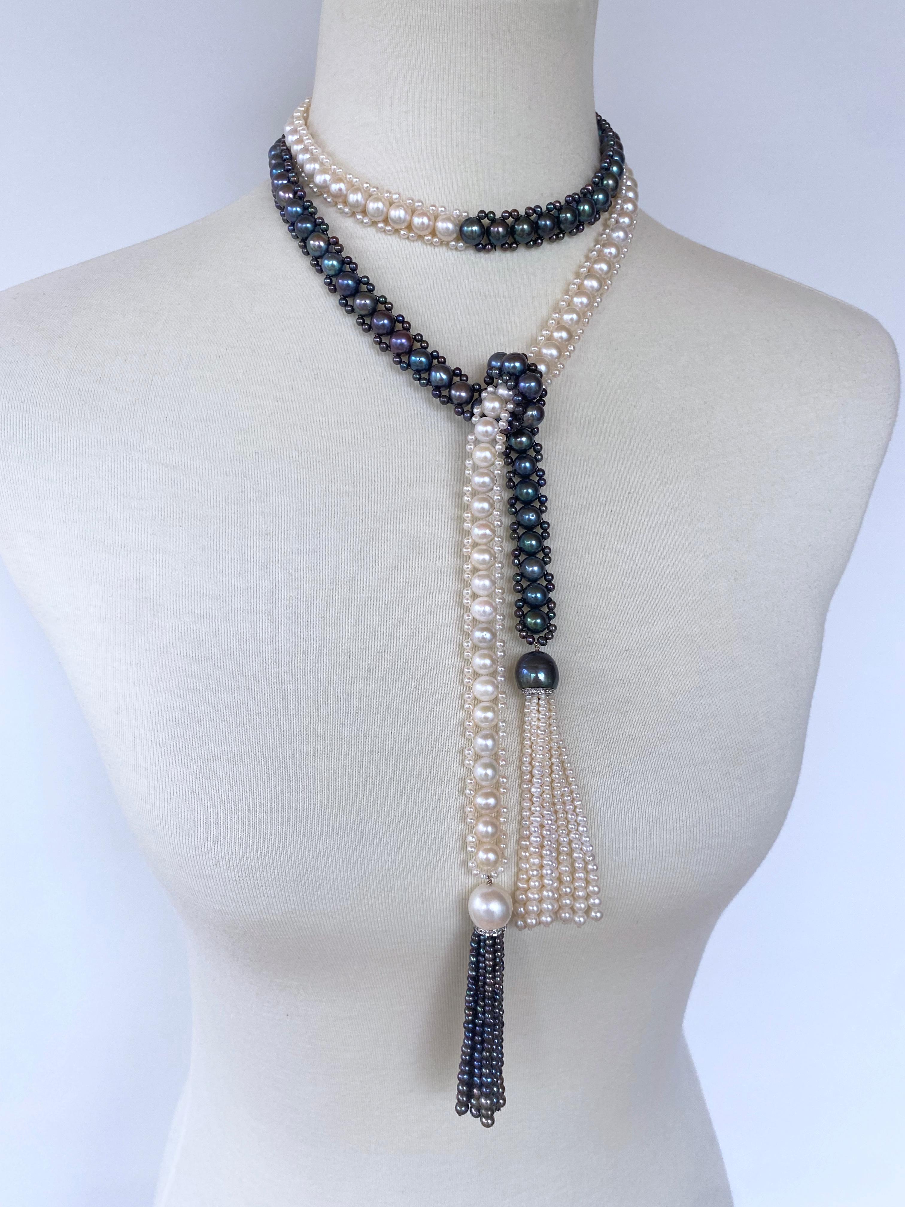 Marina J. Sautoir/Lariat en perles noires et blanches avec diamants et or blanc 14 carats en vente 14