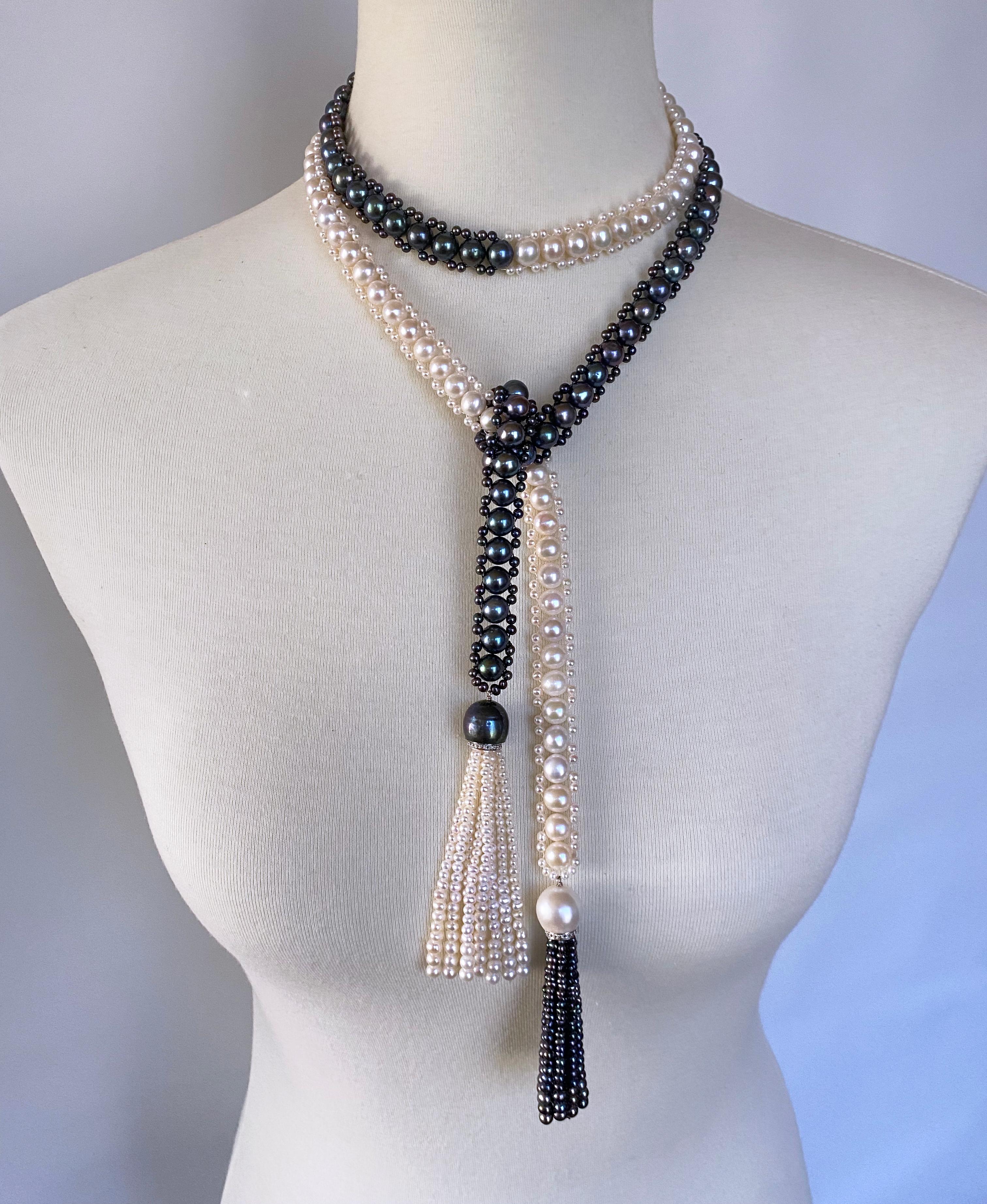 Artisan Marina J. Black & White Pearl Sautoir / Lariat with Diamonds and 14k White Gold For Sale