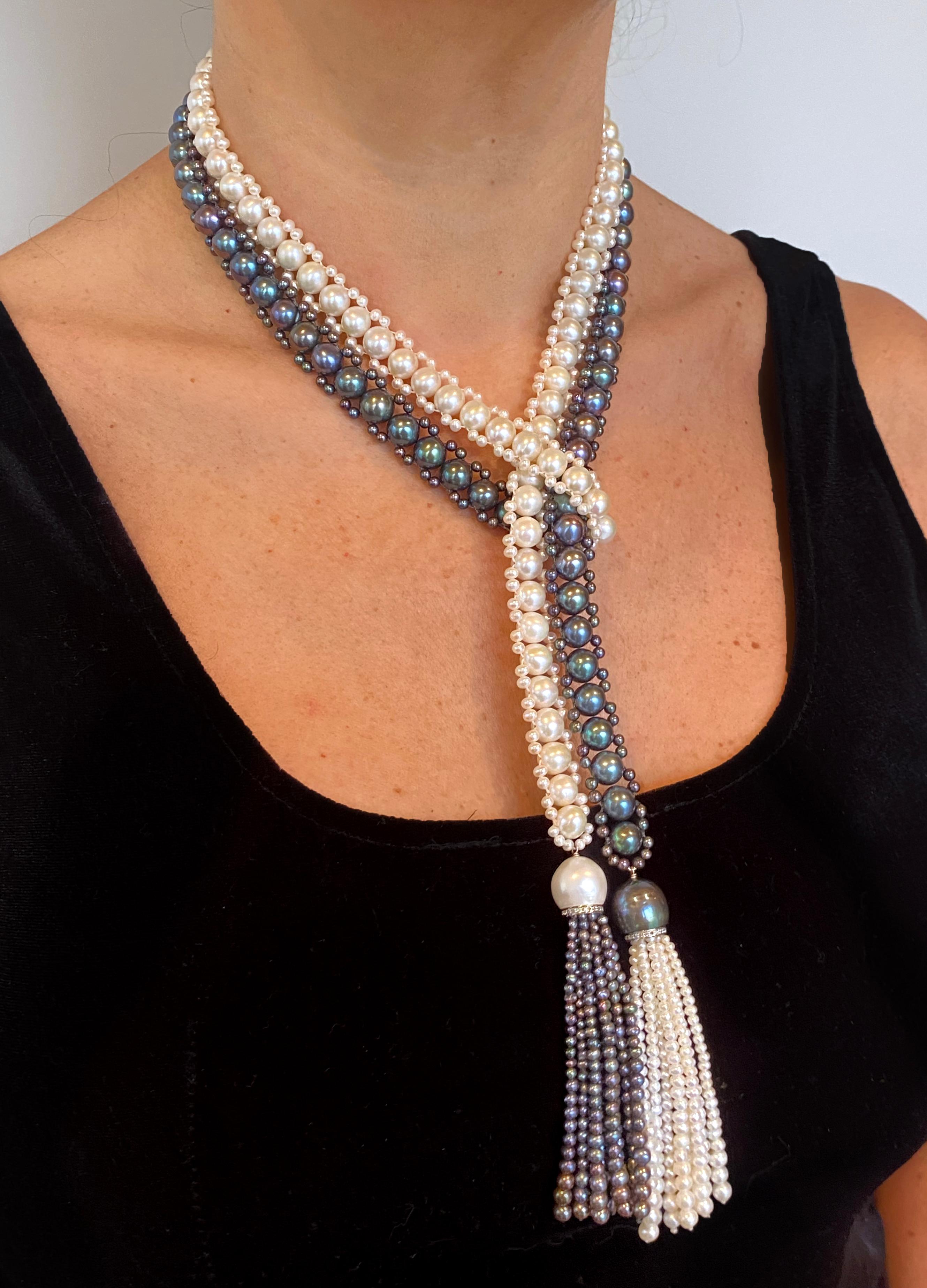 Bead Marina J. Black & White Pearl Sautoir / Lariat with Diamonds and 14k White Gold For Sale