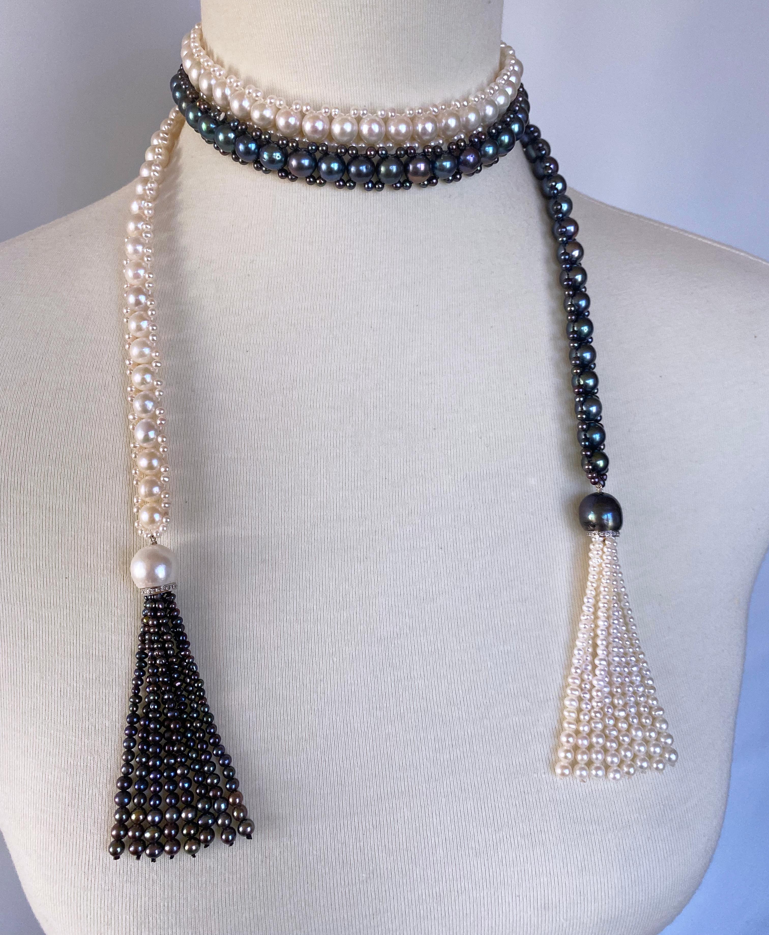 Marina J. Sautoir/Lariat en perles noires et blanches avec diamants et or blanc 14 carats Neuf - En vente à Los Angeles, CA
