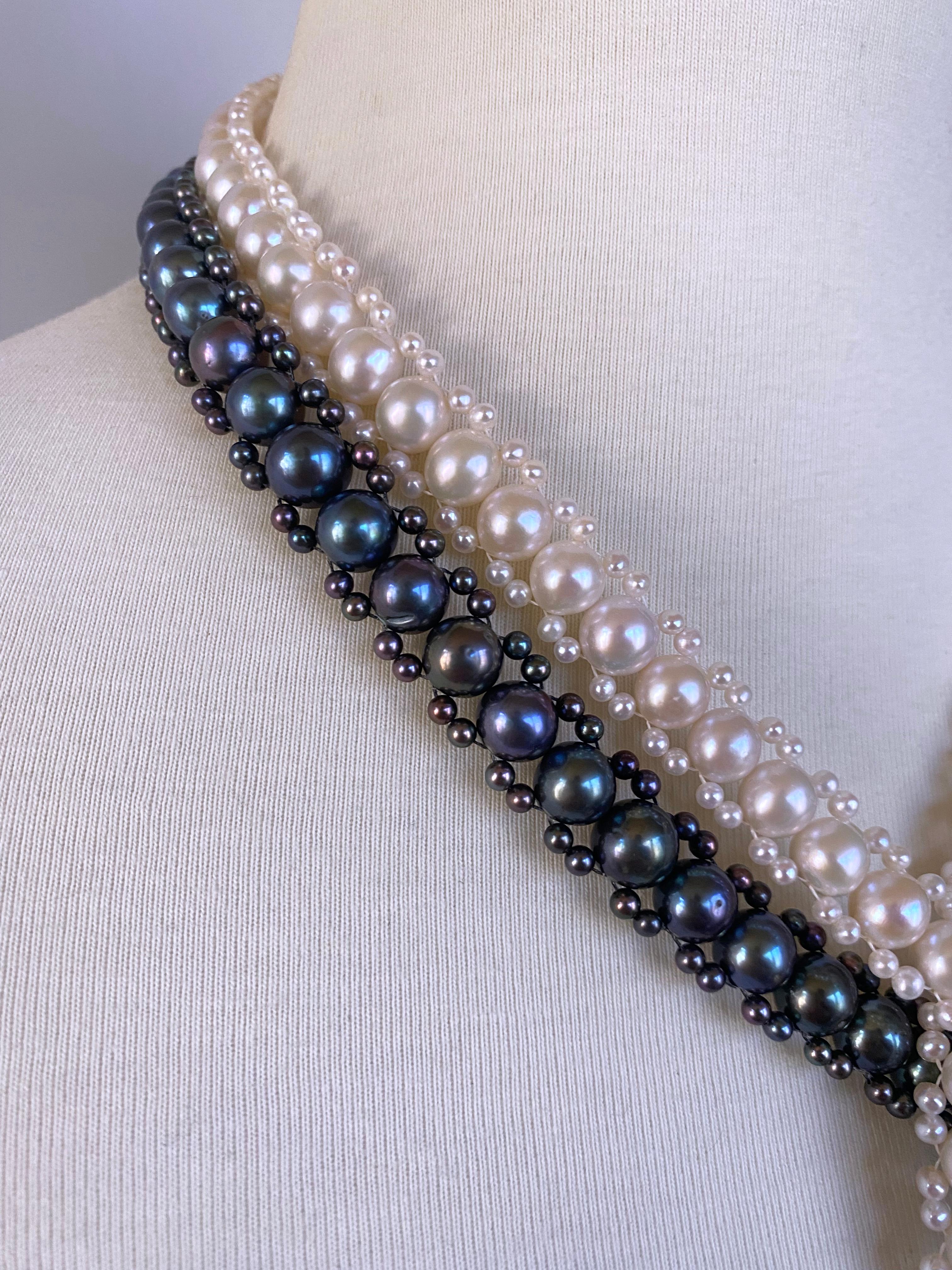 Marina J. Sautoir/Lariat en perles noires et blanches avec diamants et or blanc 14 carats Unisexe en vente