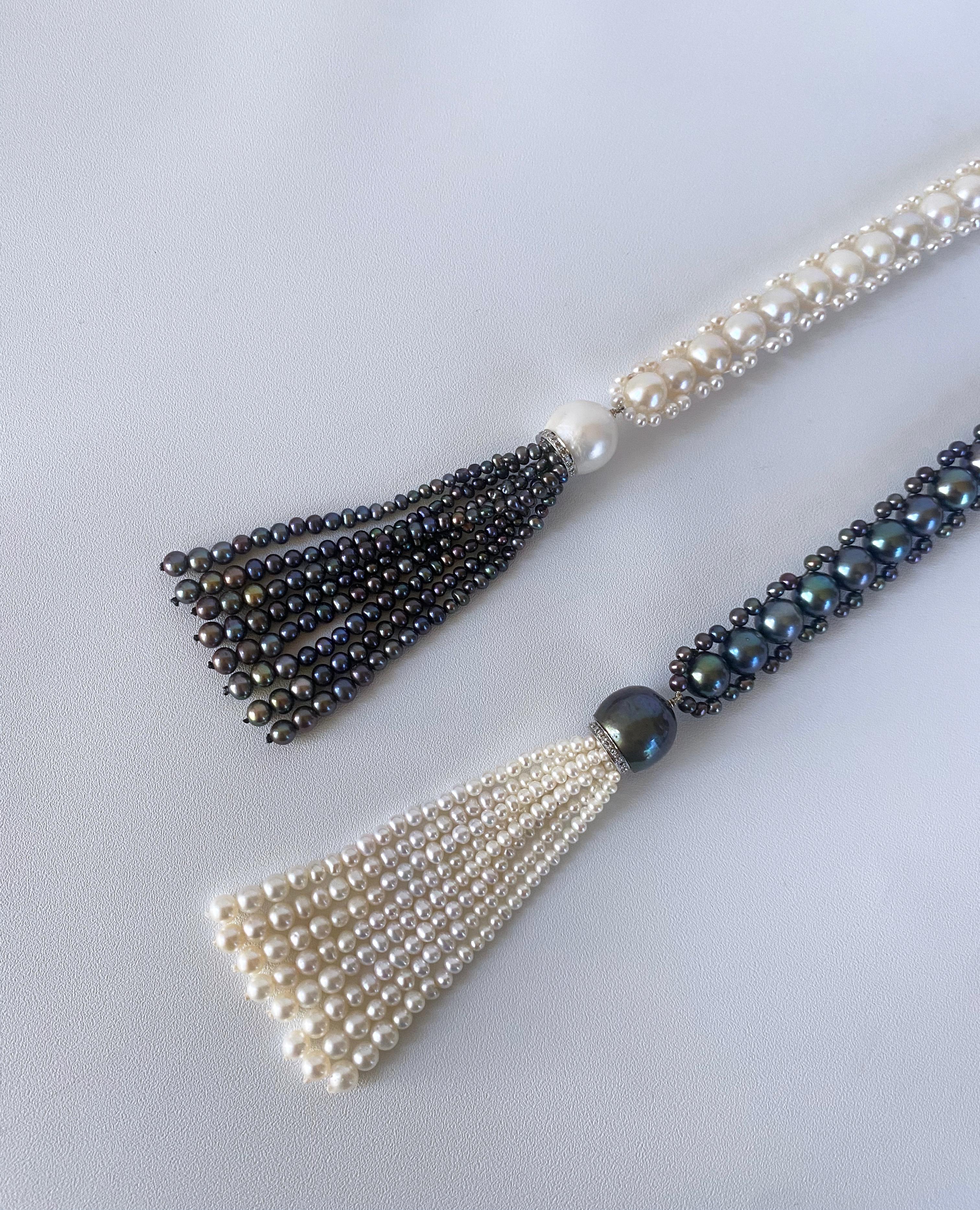 Marina J. Sautoir/Lariat en perles noires et blanches avec diamants et or blanc 14 carats en vente 1