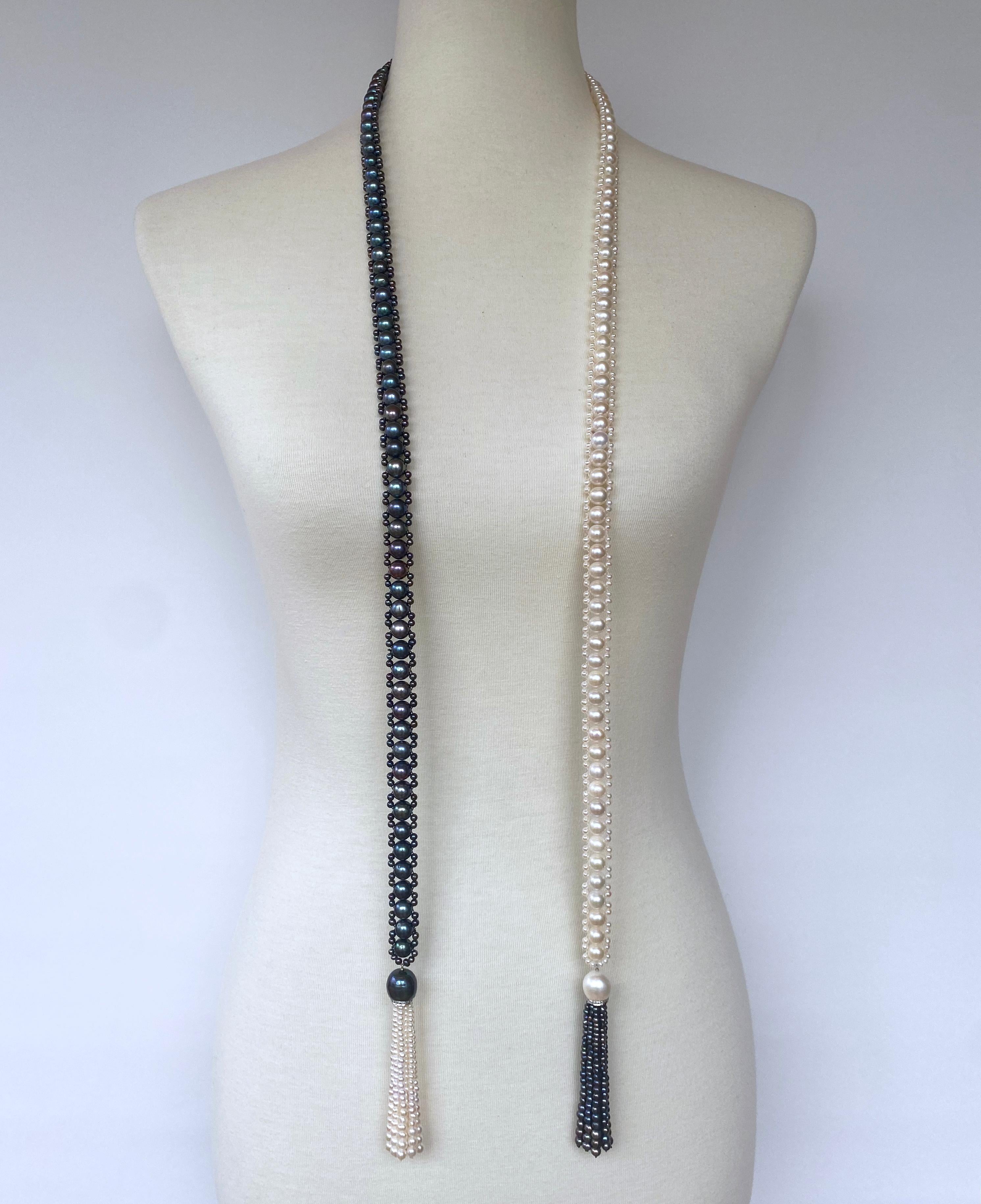 Marina J. Sautoir/Lariat en perles noires et blanches avec diamants et or blanc 14 carats en vente 2