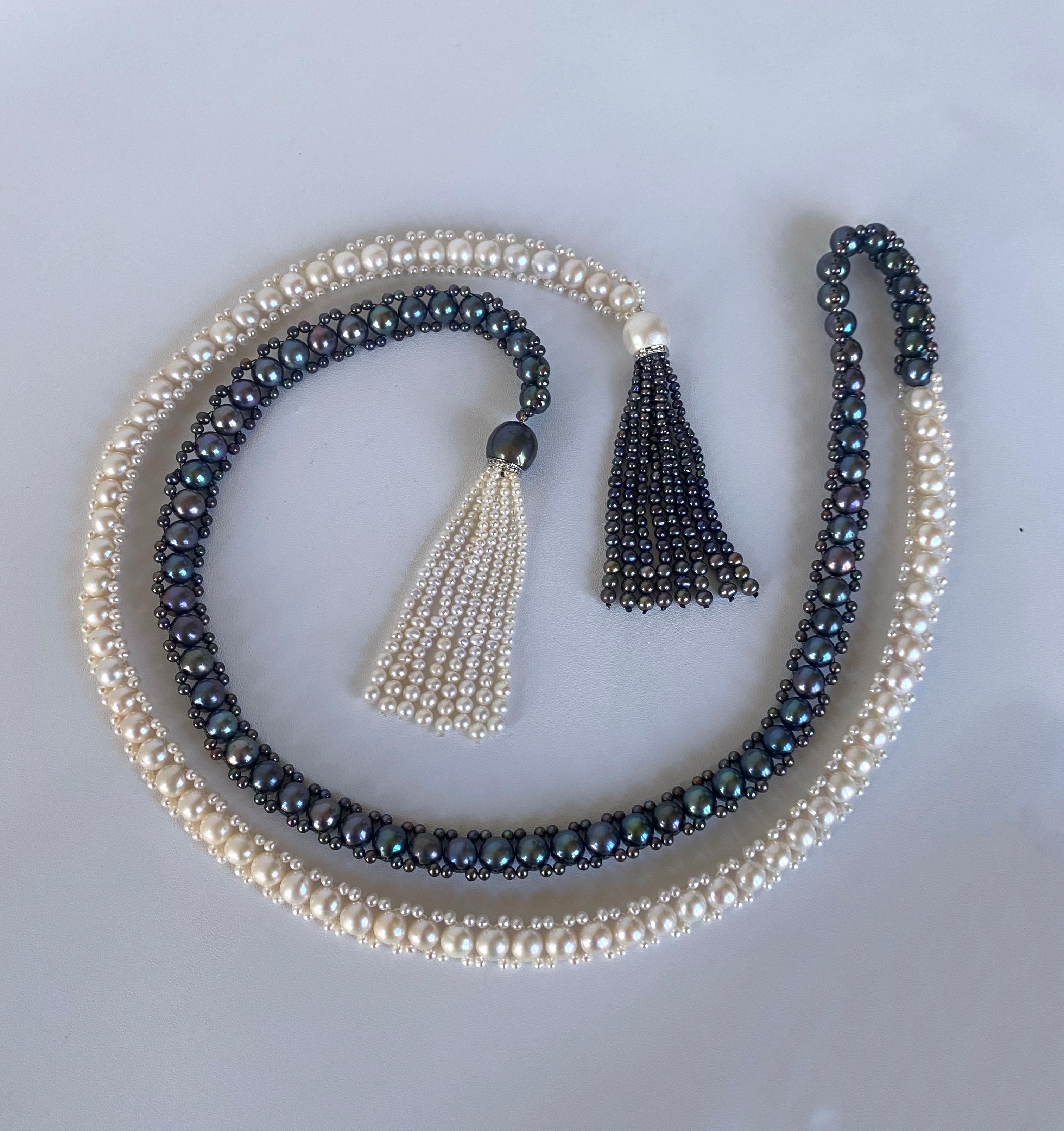 Marina J. Sautoir/Lariat en perles noires et blanches avec diamants et or blanc 14 carats en vente 3