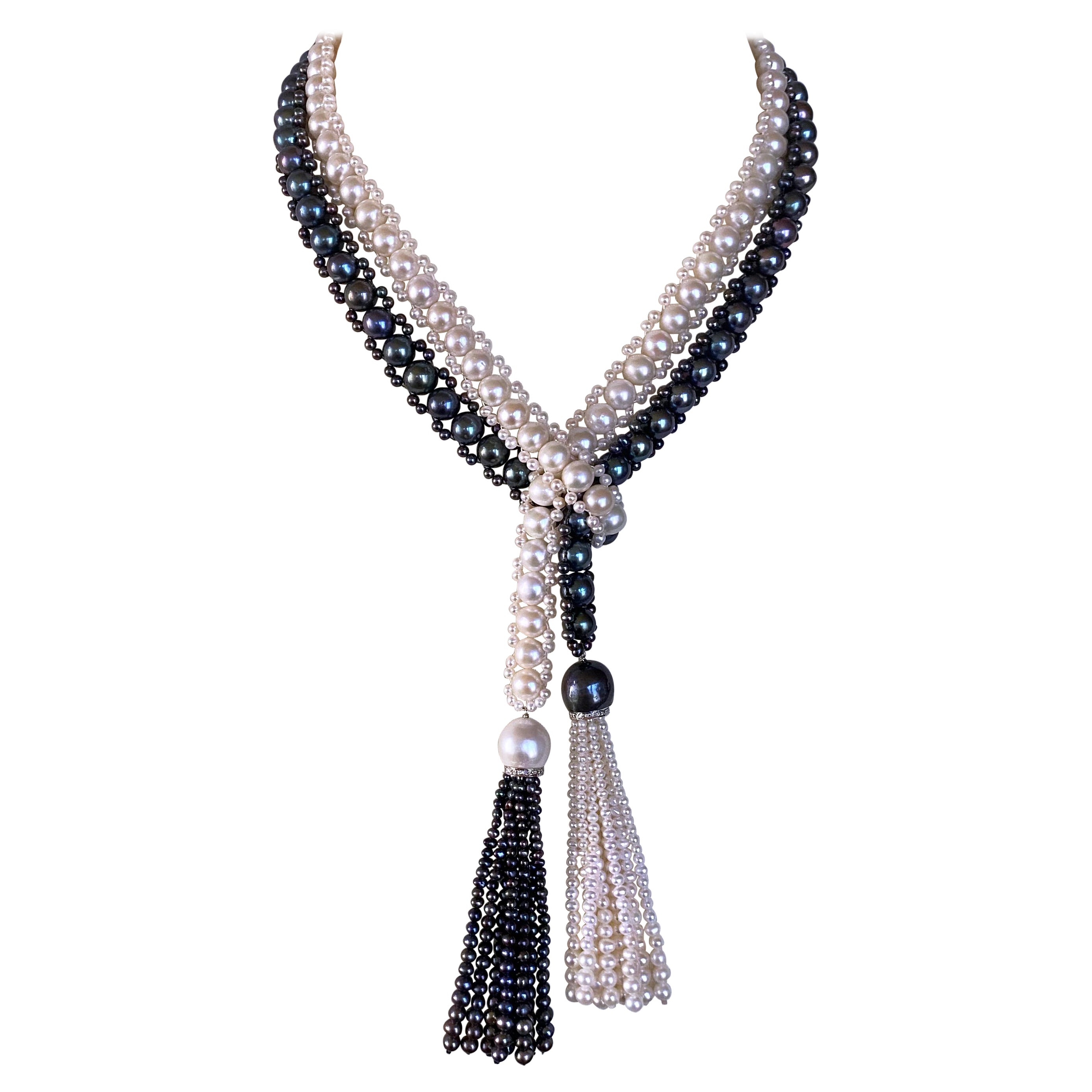 Marina J. Sautoir di perle bianche e nere / Lariat con diamanti e oro bianco 14k