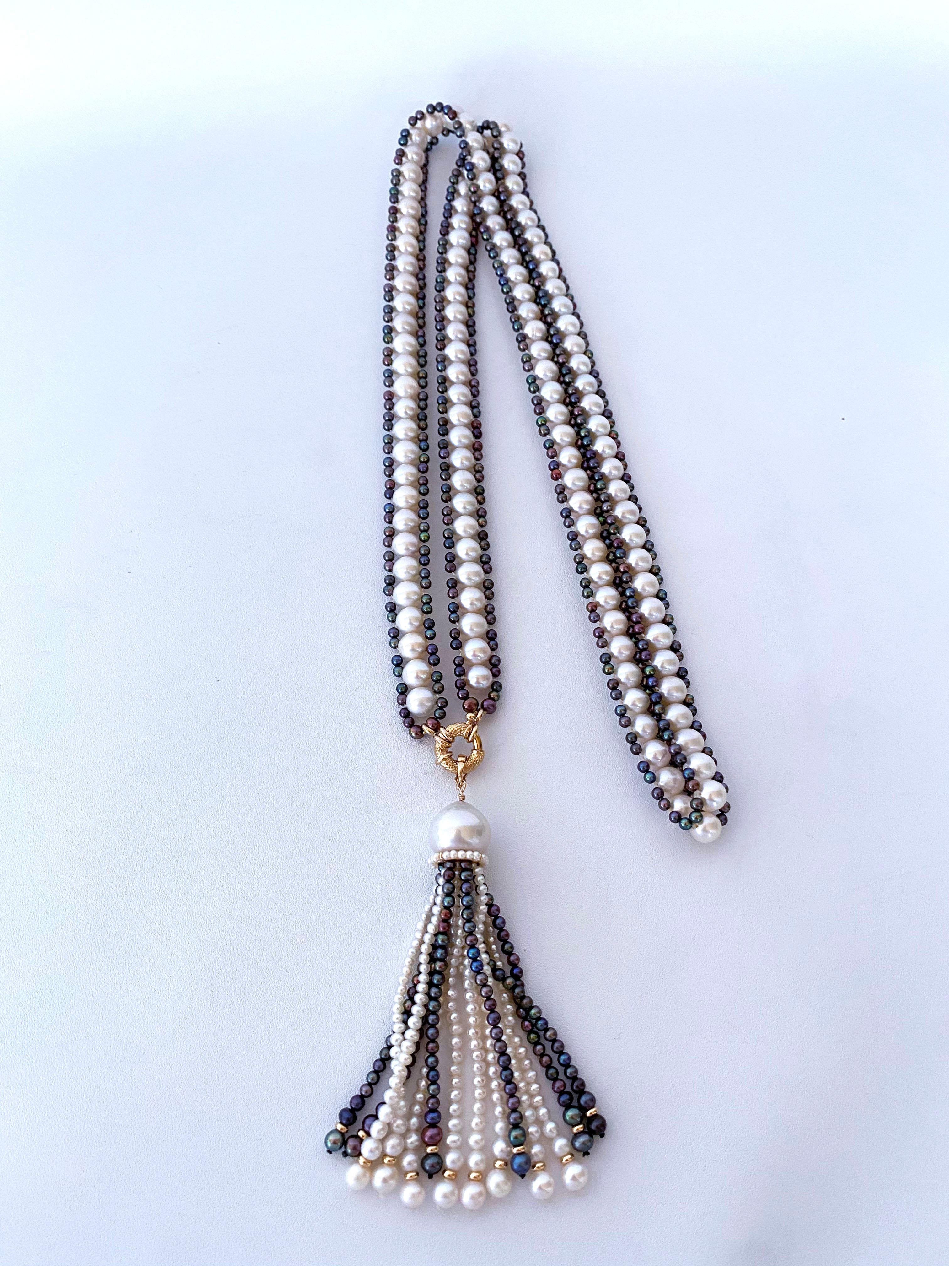 Marina J. Sautoir à perles noires et blanches avec pompon amovible et or jaune 14 carats Unisexe en vente