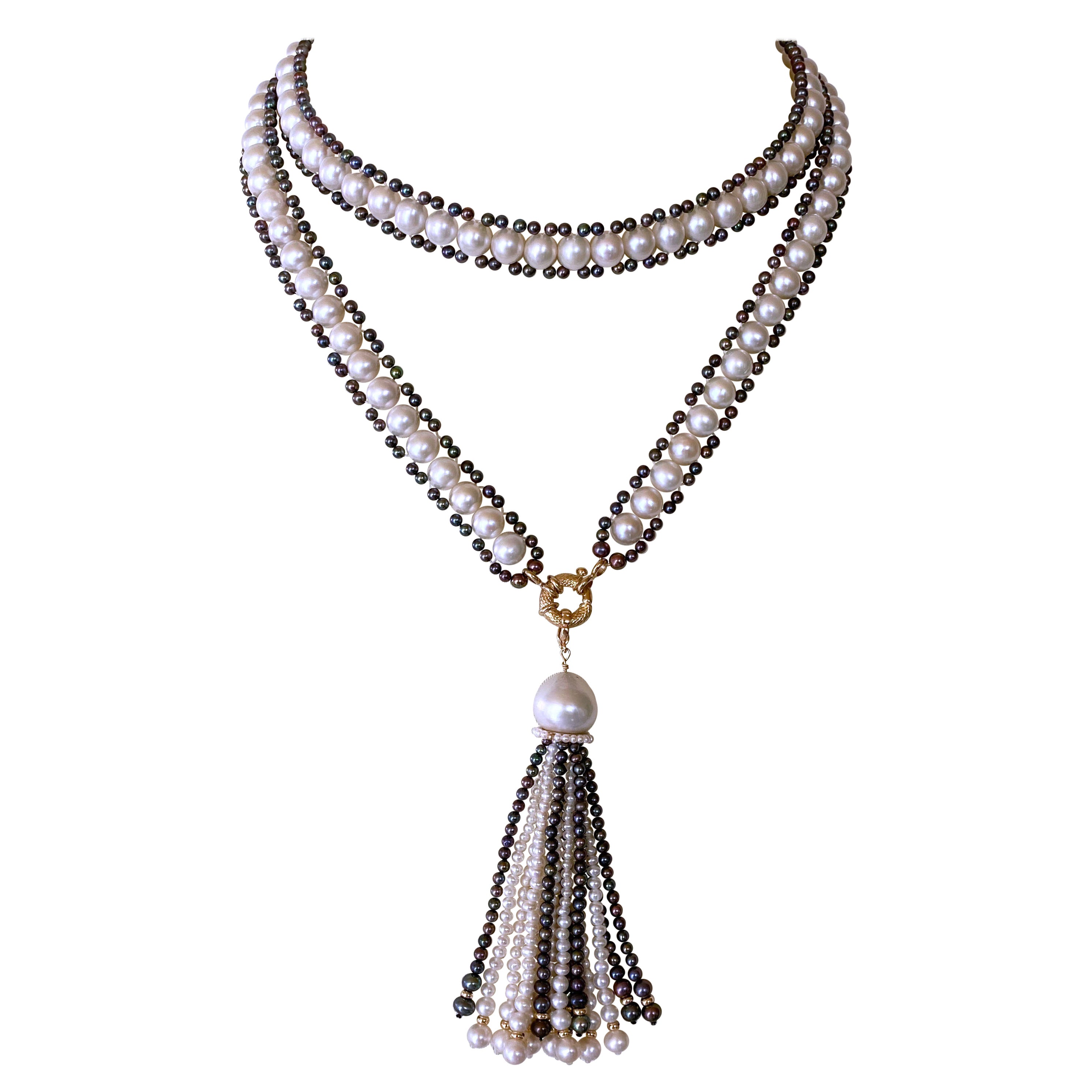 Marina J. Sautoir di perle bianche e nere con nappina rimovibile e oro giallo 14k