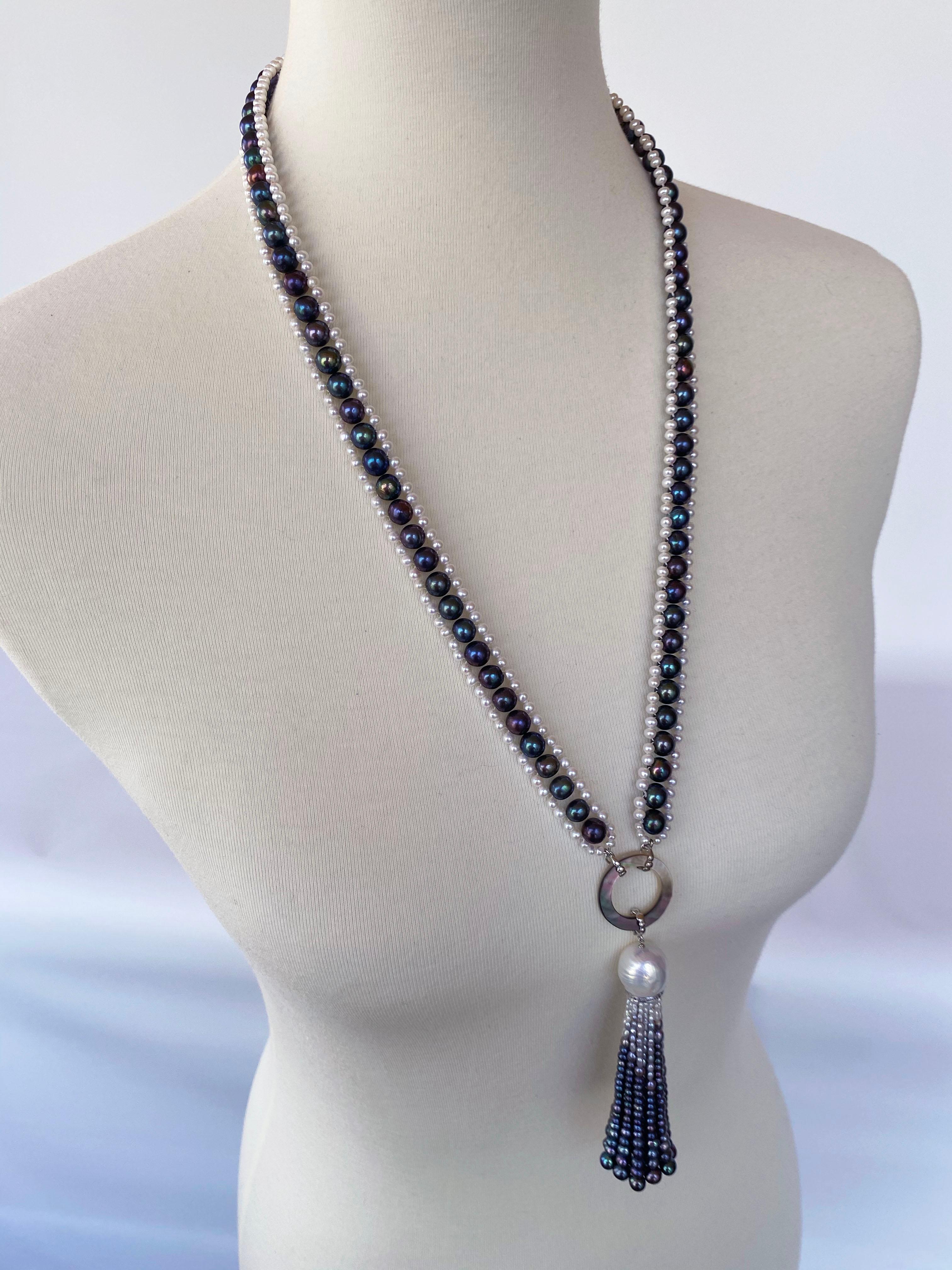 Artisan Marina J. Black and White Woven Pearl Sautoir with Abalone Shell & Ombre Tassel