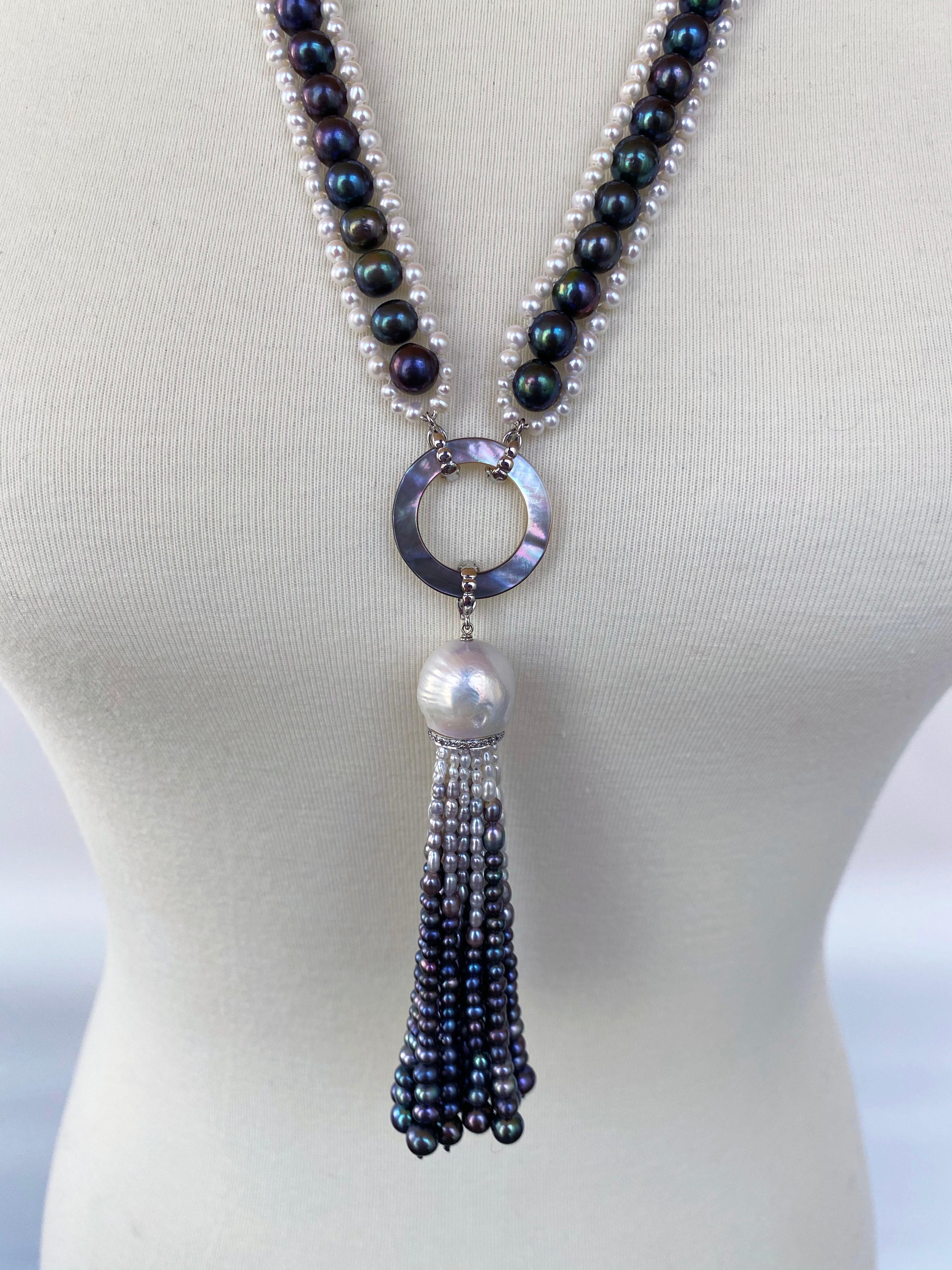 Bead Marina J. Black and White Woven Pearl Sautoir with Abalone Shell & Ombre Tassel