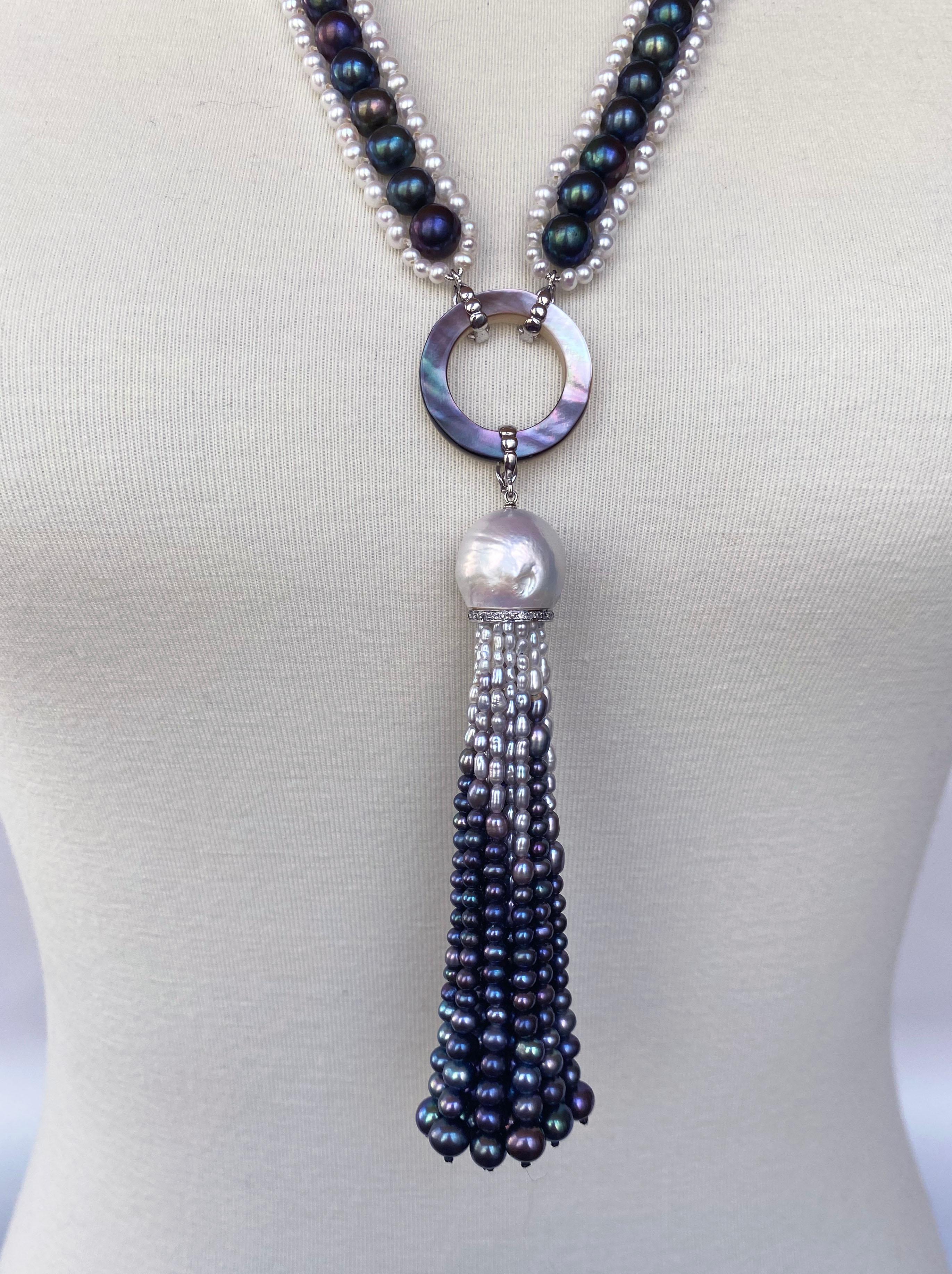 Marina J. Black and White Woven Pearl Sautoir with Abalone Shell & Ombre Tassel In New Condition In Los Angeles, CA