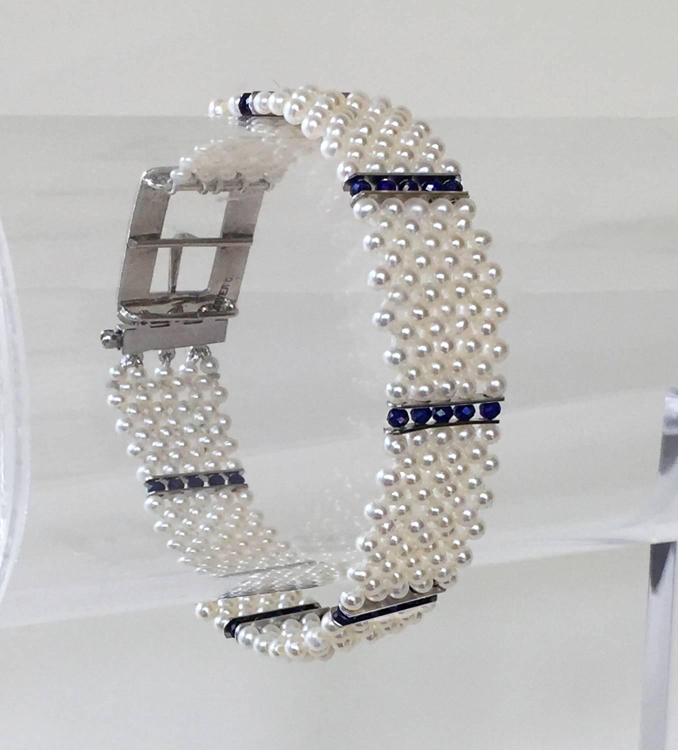 Artist Marina J. Blue Enamel Buckle with Woven Pearl Bracelet & Lapis Lazuli Beads 14K  For Sale