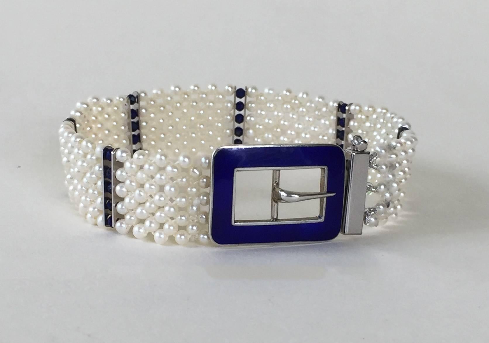 Marina J. Blue Enamel Buckle with Woven Pearl Bracelet & Lapis Lazuli Beads 14K  In New Condition For Sale In Los Angeles, CA