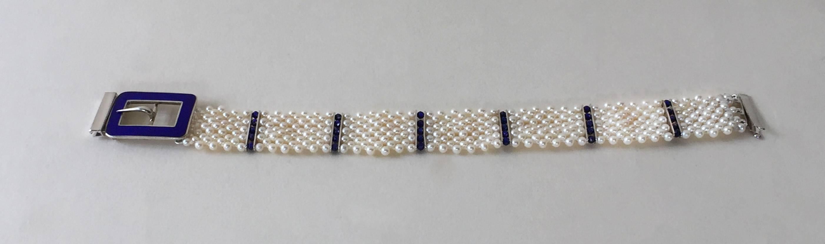Marina J. Blue Enamel Buckle with Woven Pearl Bracelet & Lapis Lazuli Beads 14K  For Sale 1
