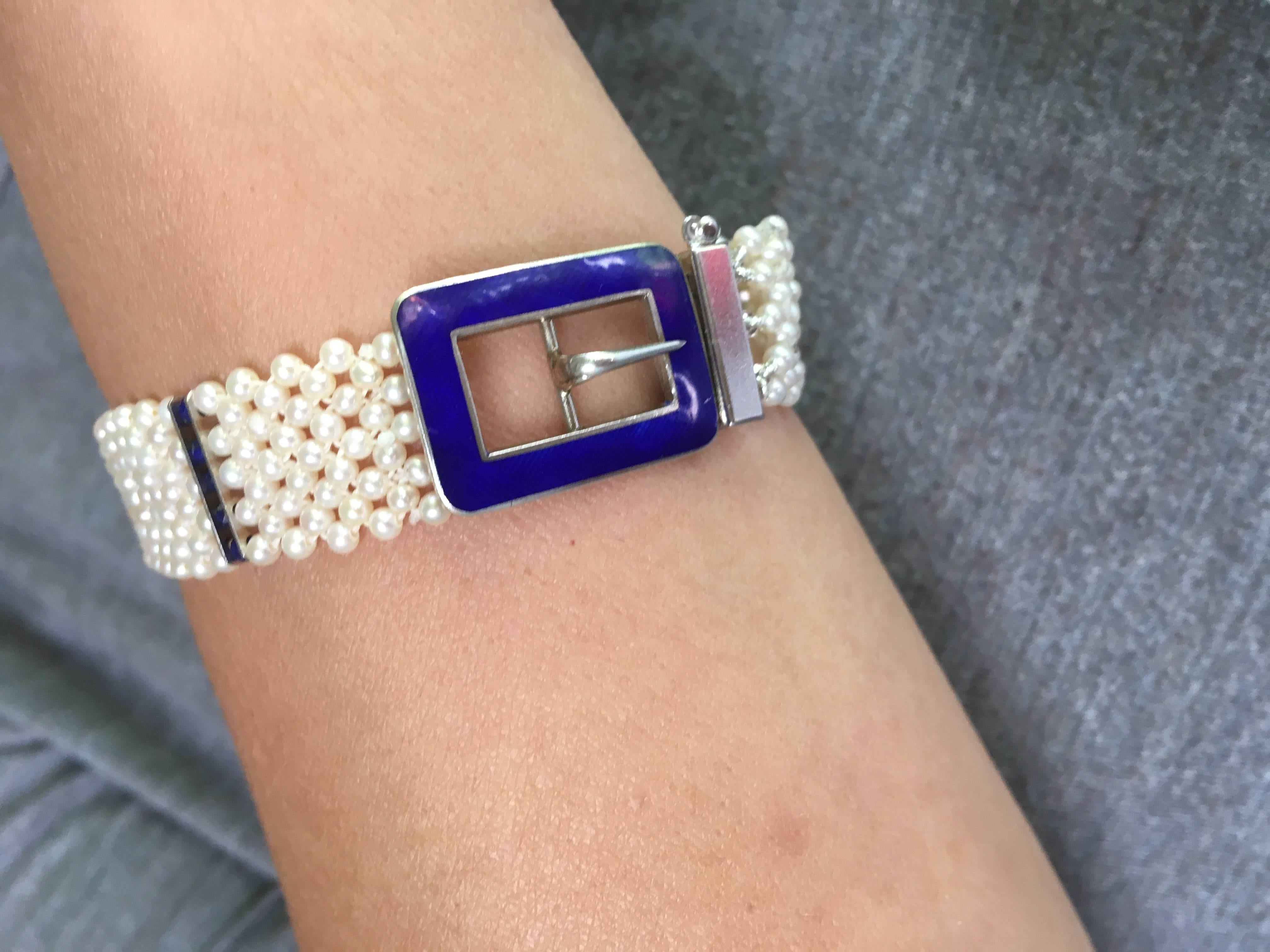 Marina J. Blue Enamel Buckle with Woven Pearl Bracelet & Lapis Lazuli Beads 14K  For Sale 2
