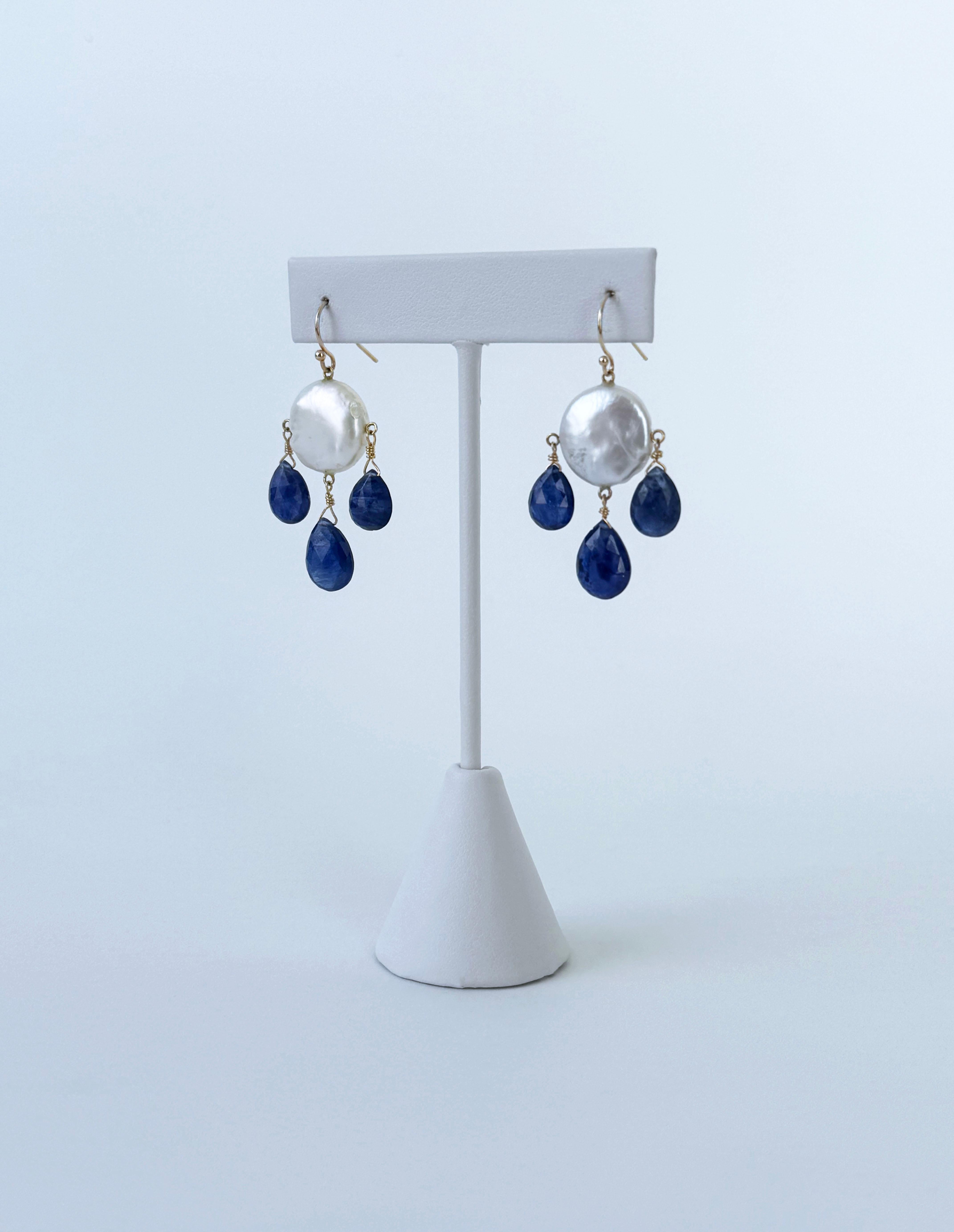 Artisan Marina J. Blue Kyanite & Pearl Chandelier Earrings with Solid 14k Yellow Gold For Sale